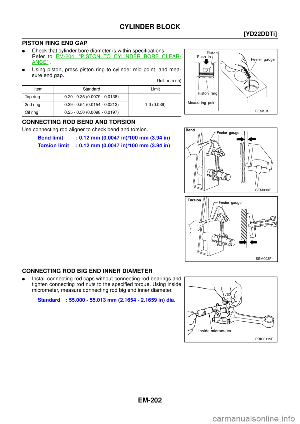 NISSAN X-TRAIL 2003  Electronic Repair Manual EM-202
[YD22DDTi]
CYLINDER BLOCK
PISTON RING END GAP
lCheck that cylinder bore diameter is within specifications.
Refer toEM-204, "
PISTON TO CYLINDER BORE CLEAR-
ANCE".
lUsing piston, press piston ri