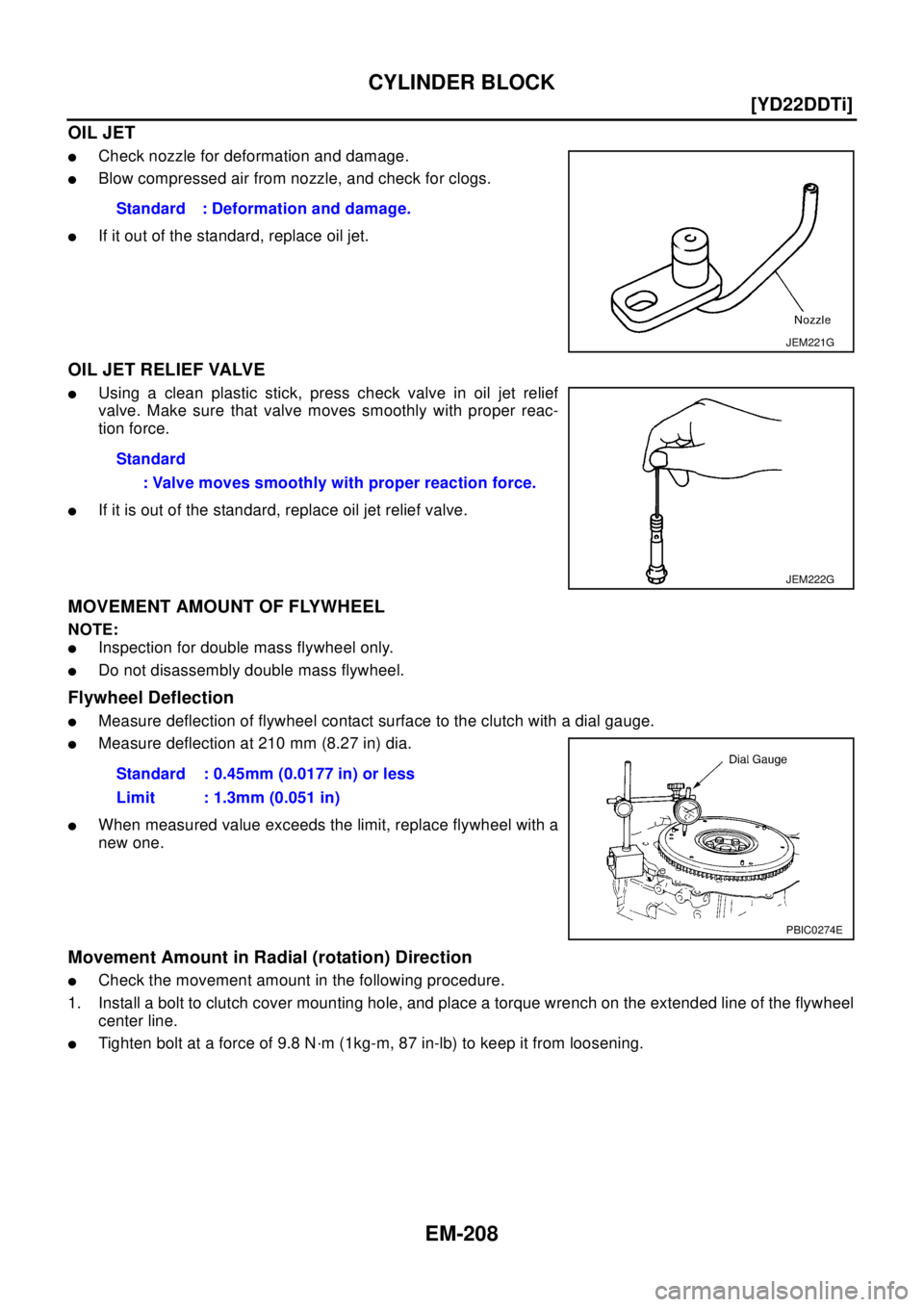 NISSAN X-TRAIL 2003  Electronic Repair Manual EM-208
[YD22DDTi]
CYLINDER BLOCK
OIL JET
lCheck nozzle for deformation and damage.
lBlow compressed air from nozzle, and check for clogs.
lIf it out of the standard, replace oil jet.
OIL JET RELIEF VA