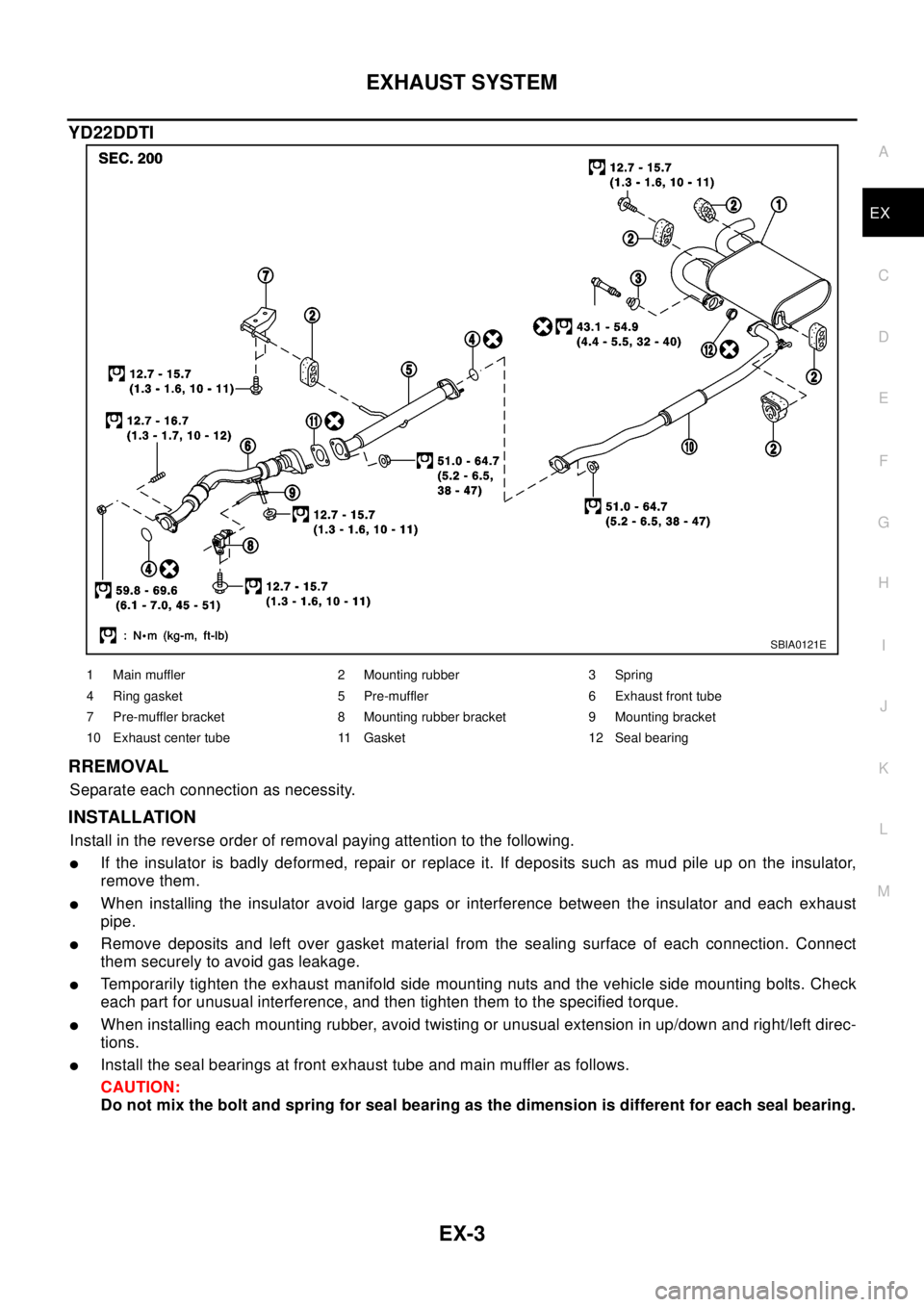 NISSAN X-TRAIL 2003 Electronic Repair Manual EXHAUST SYSTEM
EX-3
C
D
E
F
G
H
I
J
K
L
MA
EX
YD22DDTI
RREMOVAL
Separate each connection as necessity.
INSTALLATION
Install in the reverse order of removal paying attention to the following.
lIf the i NISSAN X-TRAIL 2003 Electronic Repair Manual EXHAUST SYSTEM
EX-3
C
D
E
F
G
H
I
J
K
L
MA
EX
YD22DDTI
RREMOVAL
Separate each connection as necessity.
INSTALLATION
Install in the reverse order of removal paying attention to the following.
lIf the i