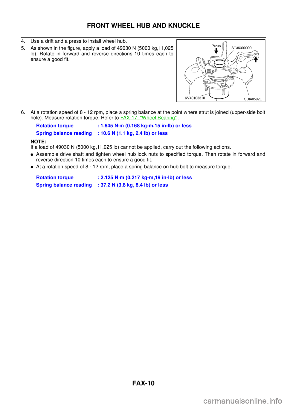 NISSAN X-TRAIL 2003 Electronic Repair Manual FAX-10
FRONT WHEEL HUB AND KNUCKLE
4. Use a drift and a press to install wheel hub.
5. As shown in the figure, apply a load of 49030 N (5000 kg,11,025
lb). Rotate in forward and reverse directions 10 NISSAN X-TRAIL 2003 Electronic Repair Manual FAX-10
FRONT WHEEL HUB AND KNUCKLE
4. Use a drift and a press to install wheel hub.
5. As shown in the figure, apply a load of 49030 N (5000 kg,11,025
lb). Rotate in forward and reverse directions 10
