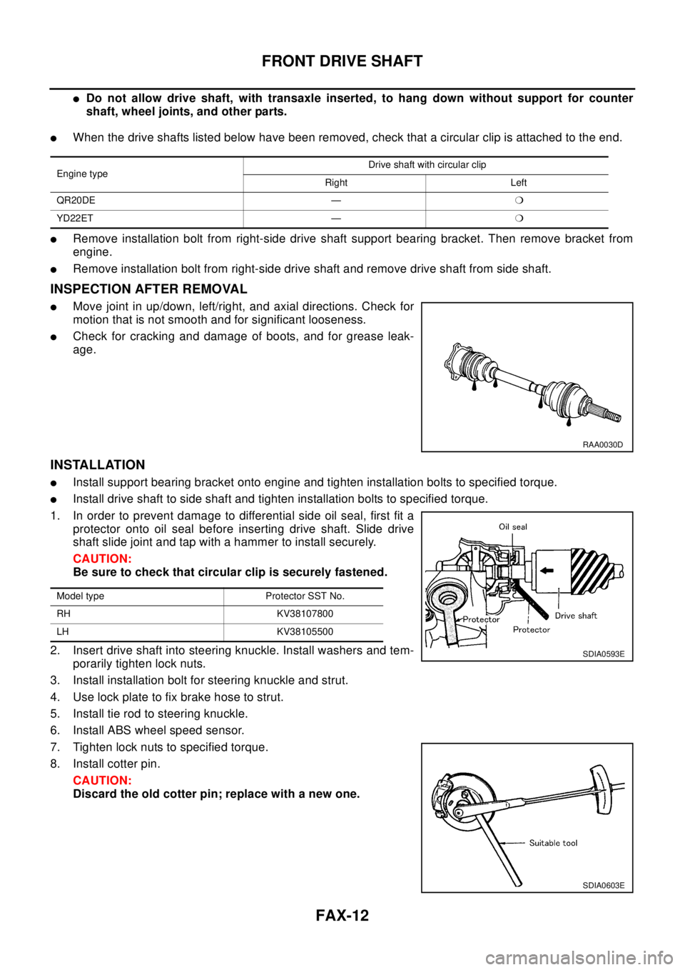 NISSAN X-TRAIL 2003 Electronic Repair Manual FAX-12
FRONT DRIVE SHAFT
lDo not allow drive shaft, with transaxle inserted, to hang down without support for counter
shaft, wheel joints, and other parts.
lWhen the drive shafts listed below have bee NISSAN X-TRAIL 2003 Electronic Repair Manual FAX-12
FRONT DRIVE SHAFT
lDo not allow drive shaft, with transaxle inserted, to hang down without support for counter
shaft, wheel joints, and other parts.
lWhen the drive shafts listed below have bee