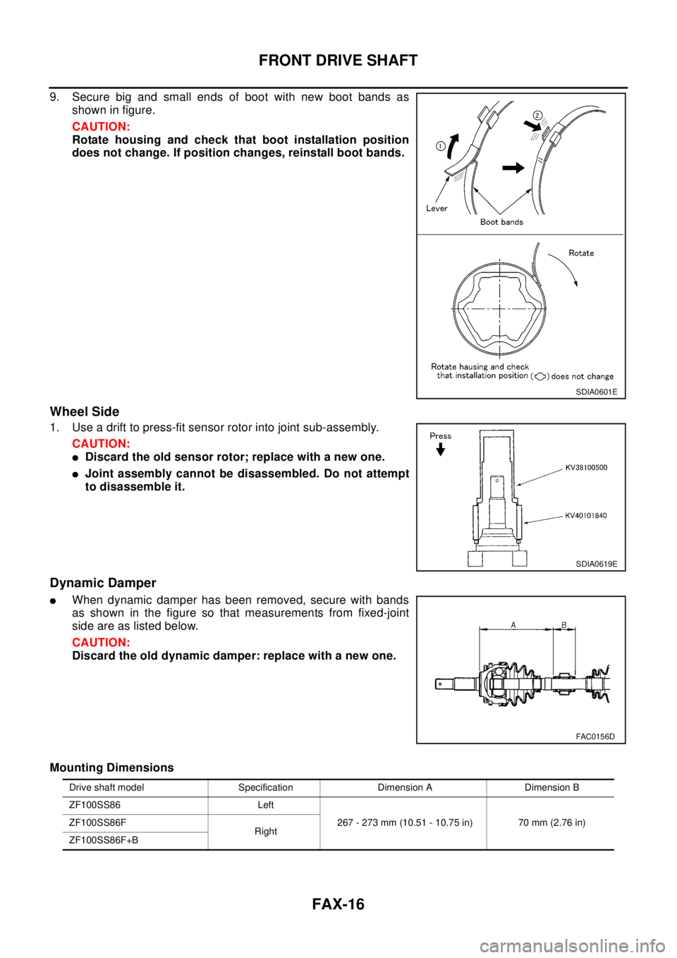 NISSAN X-TRAIL 2003 Electronic Repair Manual FAX-16
FRONT DRIVE SHAFT
9. Secure big and small ends of boot with new boot bands as
shown in figure.
CAUTION:
Rotate housing and check that boot installation position
does not change. If position cha NISSAN X-TRAIL 2003 Electronic Repair Manual FAX-16
FRONT DRIVE SHAFT
9. Secure big and small ends of boot with new boot bands as
shown in figure.
CAUTION:
Rotate housing and check that boot installation position
does not change. If position cha