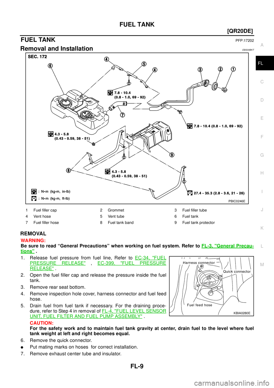 NISSAN X-TRAIL 2003  Electronic Repair Manual FUEL TANK
FL-9
[QR20DE]
C
D
E
F
G
H
I
J
K
L
MA
FL
FUEL TANKPFP:17202
Removal and InstallationEBS00BKT
REMOVAL
WA RN ING:
Be sure to read “General Precautions” when working on fuel system. Refer to