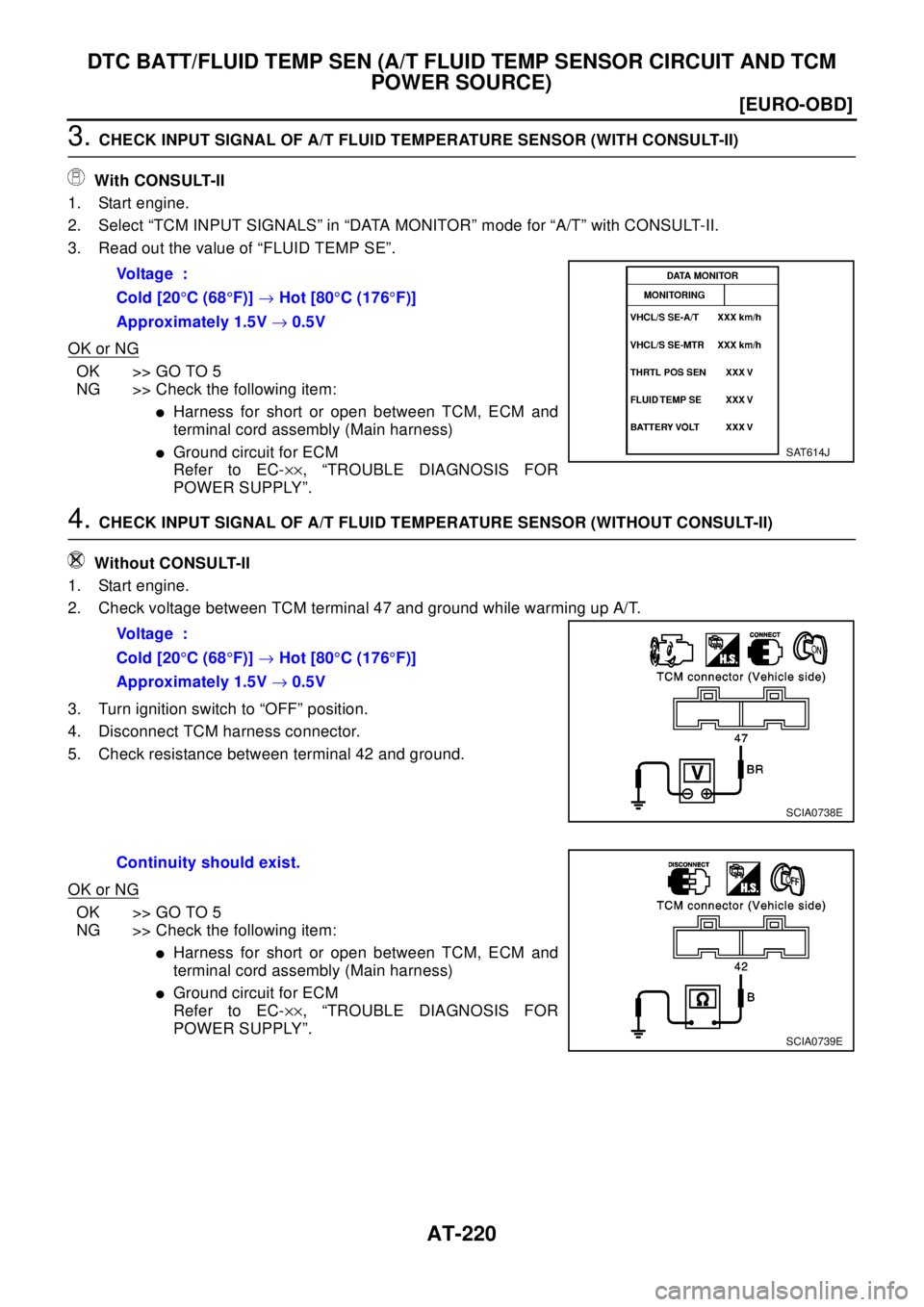 NISSAN X-TRAIL 2003  Electronic Repair Manual AT-220
[EURO-OBD]
DTC BATT/FLUID TEMP SEN (A/T FLUID TEMP SENSOR CIRCUIT AND TCM
POWER SOURCE)
3.CHECK INPUT SIGNAL OF A/T FLUID TEMPERATURE SENSOR (WITH CONSULT-II)
With CONSULT-II
1. Start engine.
2
