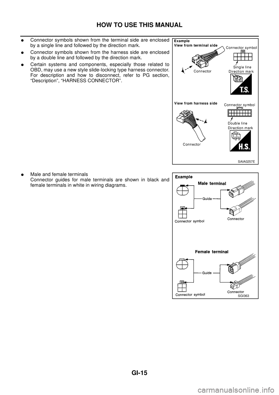 NISSAN X-TRAIL 2003 Electronic Repair Manual HOW TO USE THIS MANUAL
GI-15
lConnector symbols shown from the terminal side are enclosed
by a single line and followed by the direction mark.
lConnector symbols shown from the harness side are enclos NISSAN X-TRAIL 2003 Electronic Repair Manual HOW TO USE THIS MANUAL
GI-15
lConnector symbols shown from the terminal side are enclosed
by a single line and followed by the direction mark.
lConnector symbols shown from the harness side are enclos