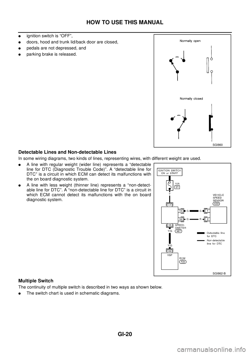 NISSAN X-TRAIL 2003 Electronic Repair Manual GI-20
HOW TO USE THIS MANUAL
lignition switch is “OFF”,
ldoors, hood and trunk lid/back door are closed,
lpedals are not depressed, and
lparking brake is released.
Detectable Lines and Non-detecta NISSAN X-TRAIL 2003 Electronic Repair Manual GI-20
HOW TO USE THIS MANUAL
lignition switch is “OFF”,
ldoors, hood and trunk lid/back door are closed,
lpedals are not depressed, and
lparking brake is released.
Detectable Lines and Non-detecta