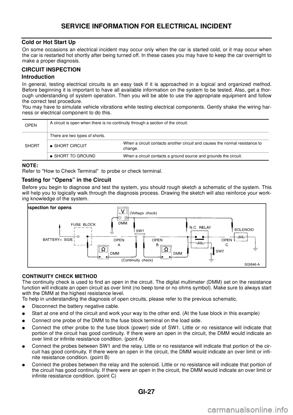 NISSAN X-TRAIL 2003 Electronic Repair Manual SERVICE INFORMATION FOR ELECTRICAL INCIDENT
GI-27
Cold or Hot Start Up
On some occasions an electrical incident may occur only when the car is started cold, or it may occur when
the car is restarted h NISSAN X-TRAIL 2003 Electronic Repair Manual SERVICE INFORMATION FOR ELECTRICAL INCIDENT
GI-27
Cold or Hot Start Up
On some occasions an electrical incident may occur only when the car is started cold, or it may occur when
the car is restarted h