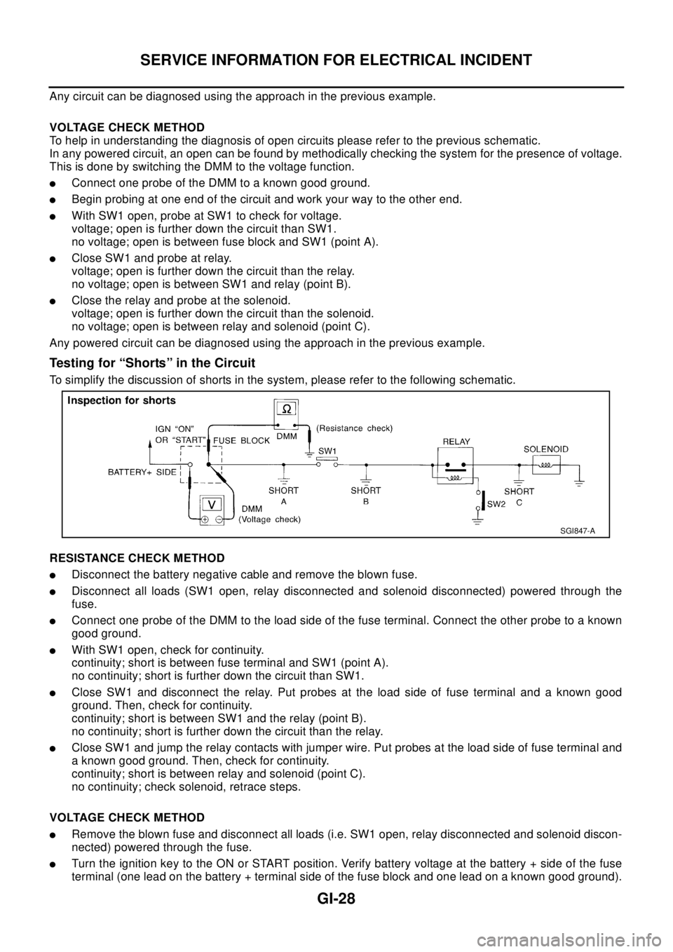 NISSAN X-TRAIL 2003 Electronic Repair Manual GI-28
SERVICE INFORMATION FOR ELECTRICAL INCIDENT
Any circuit can be diagnosed using the approach in the previous example.
VOLTAGE CHECK METHOD
To help in understanding the diagnosis of open circuits NISSAN X-TRAIL 2003 Electronic Repair Manual GI-28
SERVICE INFORMATION FOR ELECTRICAL INCIDENT
Any circuit can be diagnosed using the approach in the previous example.
VOLTAGE CHECK METHOD
To help in understanding the diagnosis of open circuits