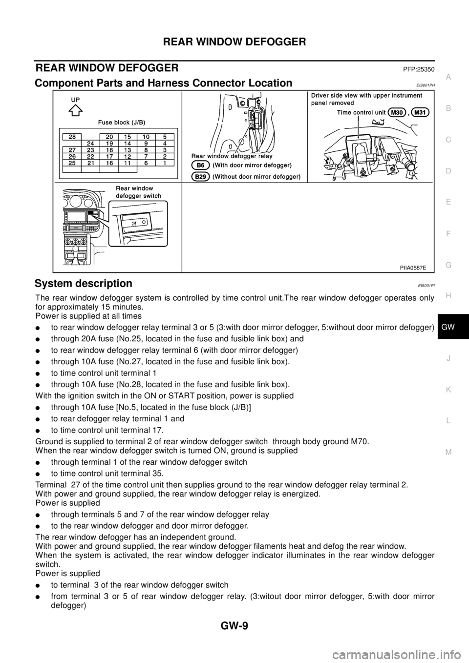 NISSAN X-TRAIL 2003 Electronic Repair Manual REAR WINDOW DEFOGGER
GW-9
C
D
E
F
G
H
J
K
L
MA
B
GW
REAR WINDOW DEFOGGERPFP:25350
Component Parts and Harness Connector LocationEIS001PH
System descriptionEIS001PI
The rear window defogger system is c NISSAN X-TRAIL 2003 Electronic Repair Manual REAR WINDOW DEFOGGER
GW-9
C
D
E
F
G
H
J
K
L
MA
B
GW
REAR WINDOW DEFOGGERPFP:25350
Component Parts and Harness Connector LocationEIS001PH
System descriptionEIS001PI
The rear window defogger system is c