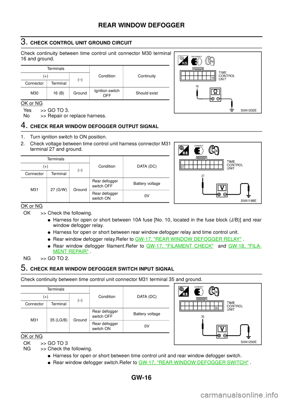 NISSAN X-TRAIL 2003 Electronic Repair Manual GW-16
REAR WINDOW DEFOGGER
3.CHECK CONTROL UNIT GROUND CIRCUIT
Check continuity between time control unit connector M30 terminal
16 and ground.
OK or NG
Yes >>GOTO3.
No >> Repair or replace harness.
4 NISSAN X-TRAIL 2003 Electronic Repair Manual GW-16
REAR WINDOW DEFOGGER
3.CHECK CONTROL UNIT GROUND CIRCUIT
Check continuity between time control unit connector M30 terminal
16 and ground.
OK or NG
Yes >>GOTO3.
No >> Repair or replace harness.
4