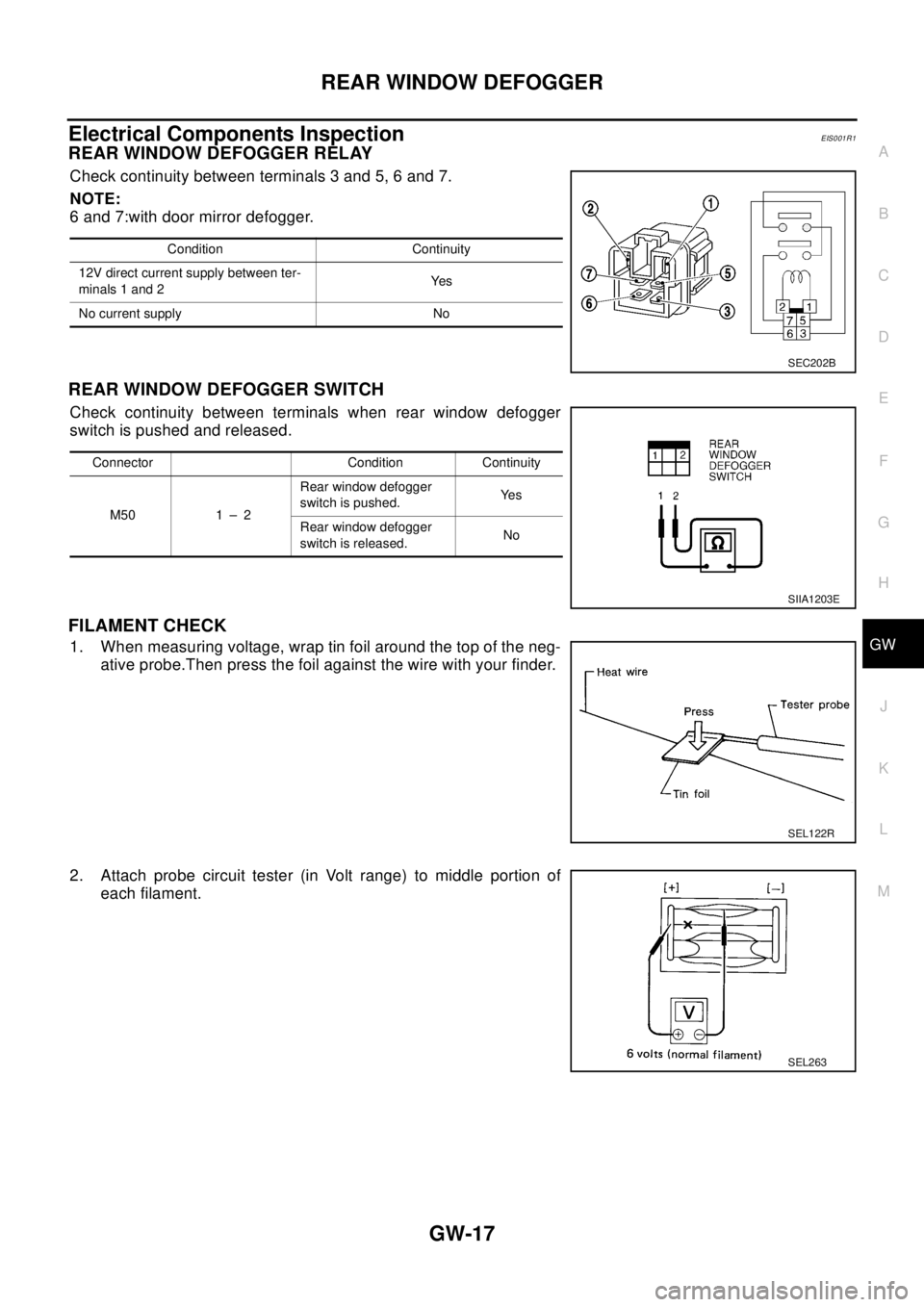 NISSAN X-TRAIL 2003  Electronic Repair Manual REAR WINDOW DEFOGGER
GW-17
C
D
E
F
G
H
J
K
L
MA
B
GW
Electrical Components InspectionEIS001R1
REAR WINDOW DEFOGGER RELAY
Check continuity between terminals 3 and 5, 6 and 7.
NOTE:
6 and 7:with door mi