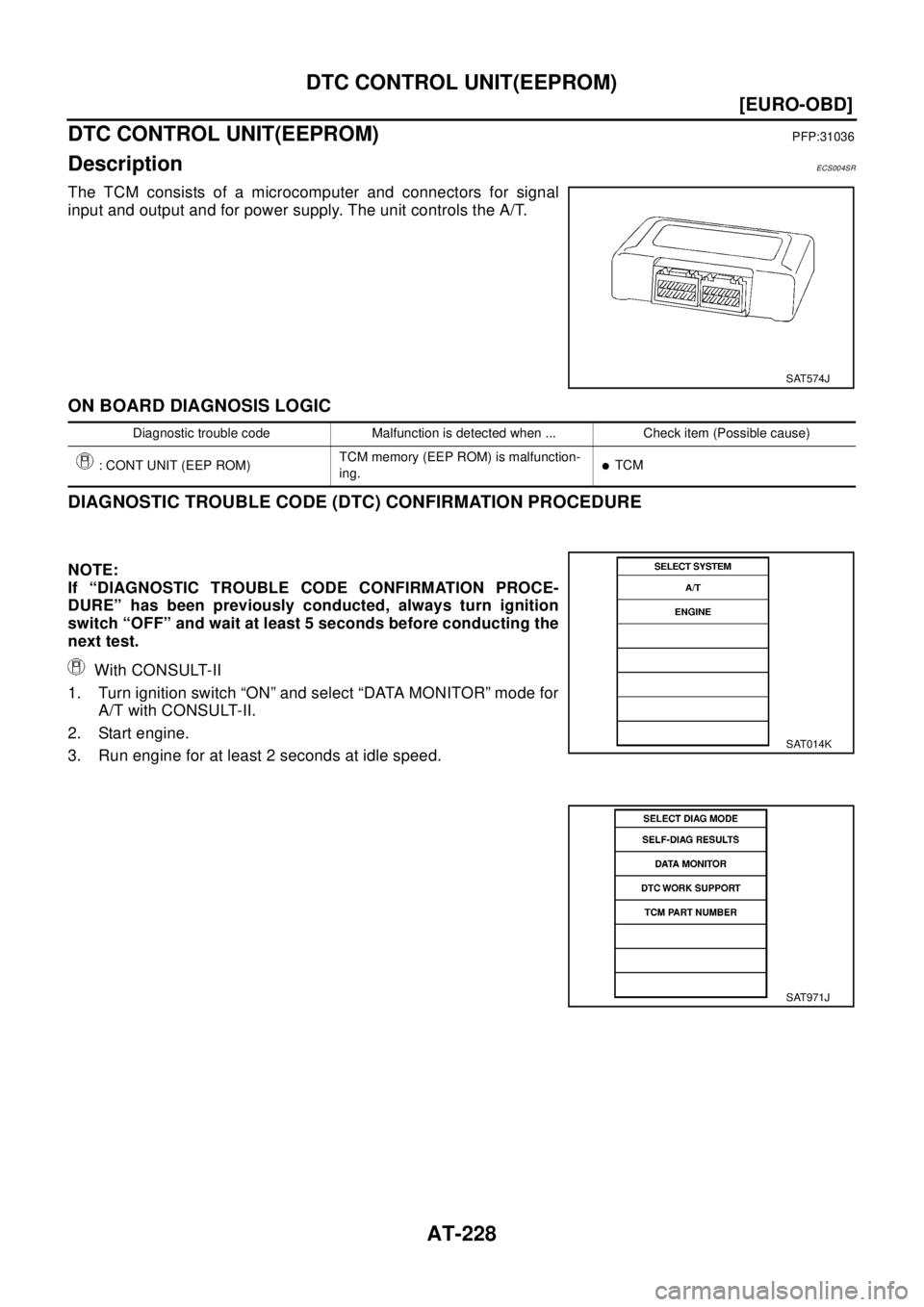 NISSAN X-TRAIL 2003  Electronic Repair Manual AT-228
[EURO-OBD]
DTC CONTROL UNIT(EEPROM)
DTC CONTROL UNIT(EEPROM)
PFP:31036
DescriptionECS004SR
The TCM consists of a microcomputer and connectors for signal
input and output and for power supply. T