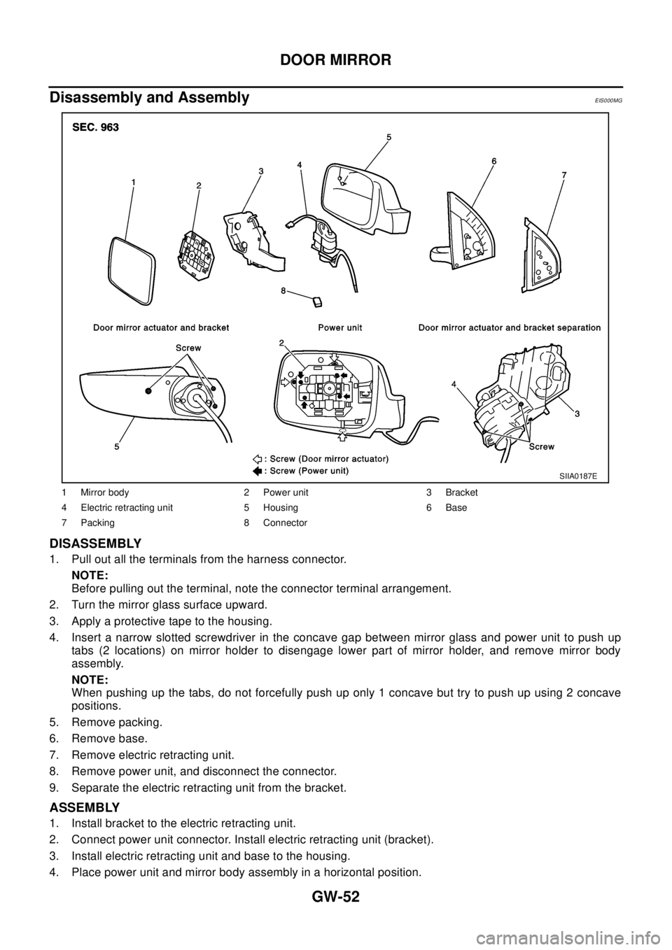 NISSAN X-TRAIL 2003  Electronic Repair Manual GW-52
DOOR MIRROR
Disassembly and Assembly
EIS000MG
DISASSEMBLY
1. Pull out all the terminals from the harness connector.
NOTE:
Before pulling out the terminal, note the connector terminal arrangement