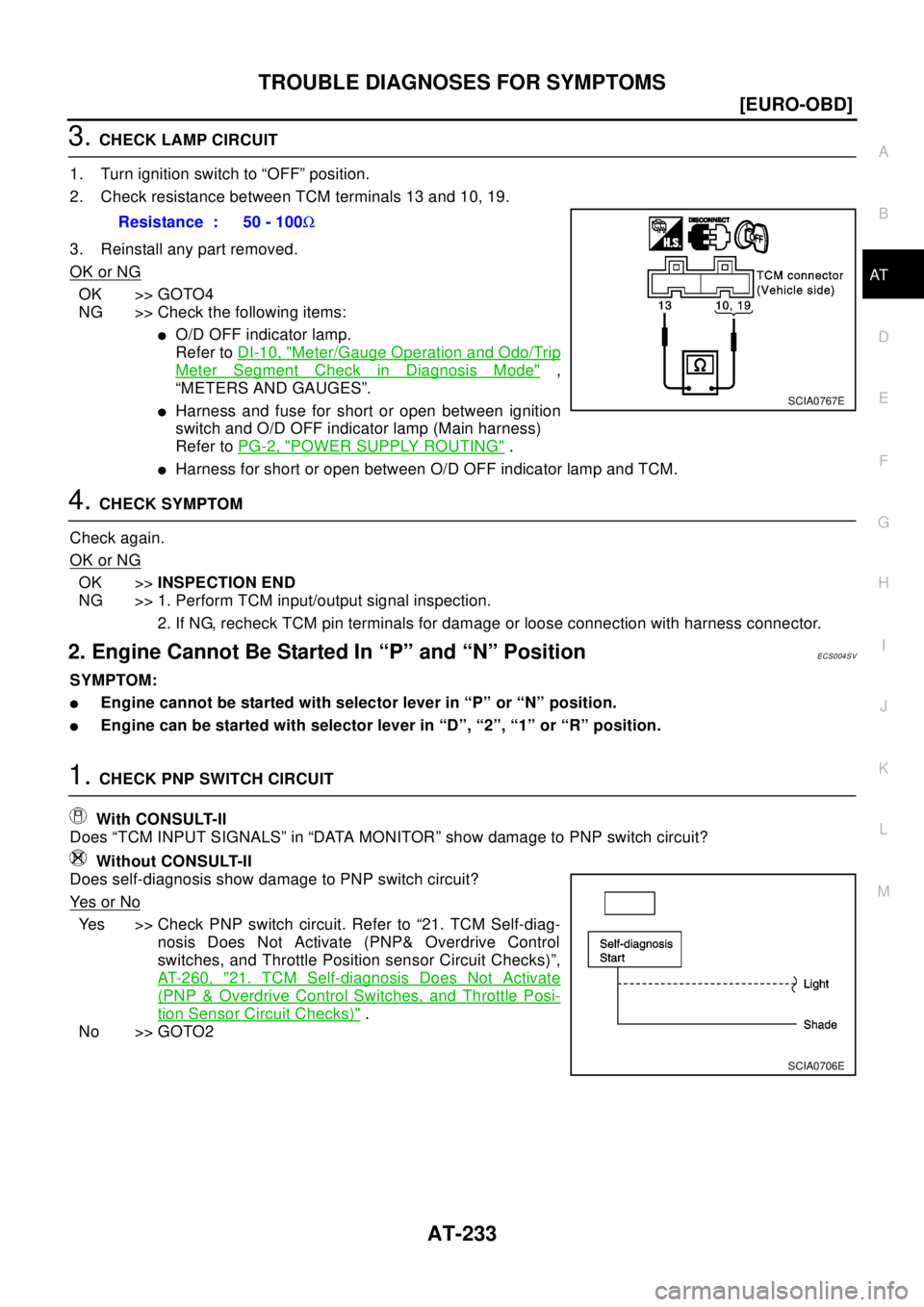 NISSAN X-TRAIL 2003  Electronic Repair Manual TROUBLE DIAGNOSES FOR SYMPTOMS
AT-233
[EURO-OBD]
D
E
F
G
H
I
J
K
L
MA
B
AT
3.CHECK LAMP CIRCUIT
1. Turn ignition switch to “OFF” position.
2. Check resistance between TCM terminals 13 and 10, 19.

