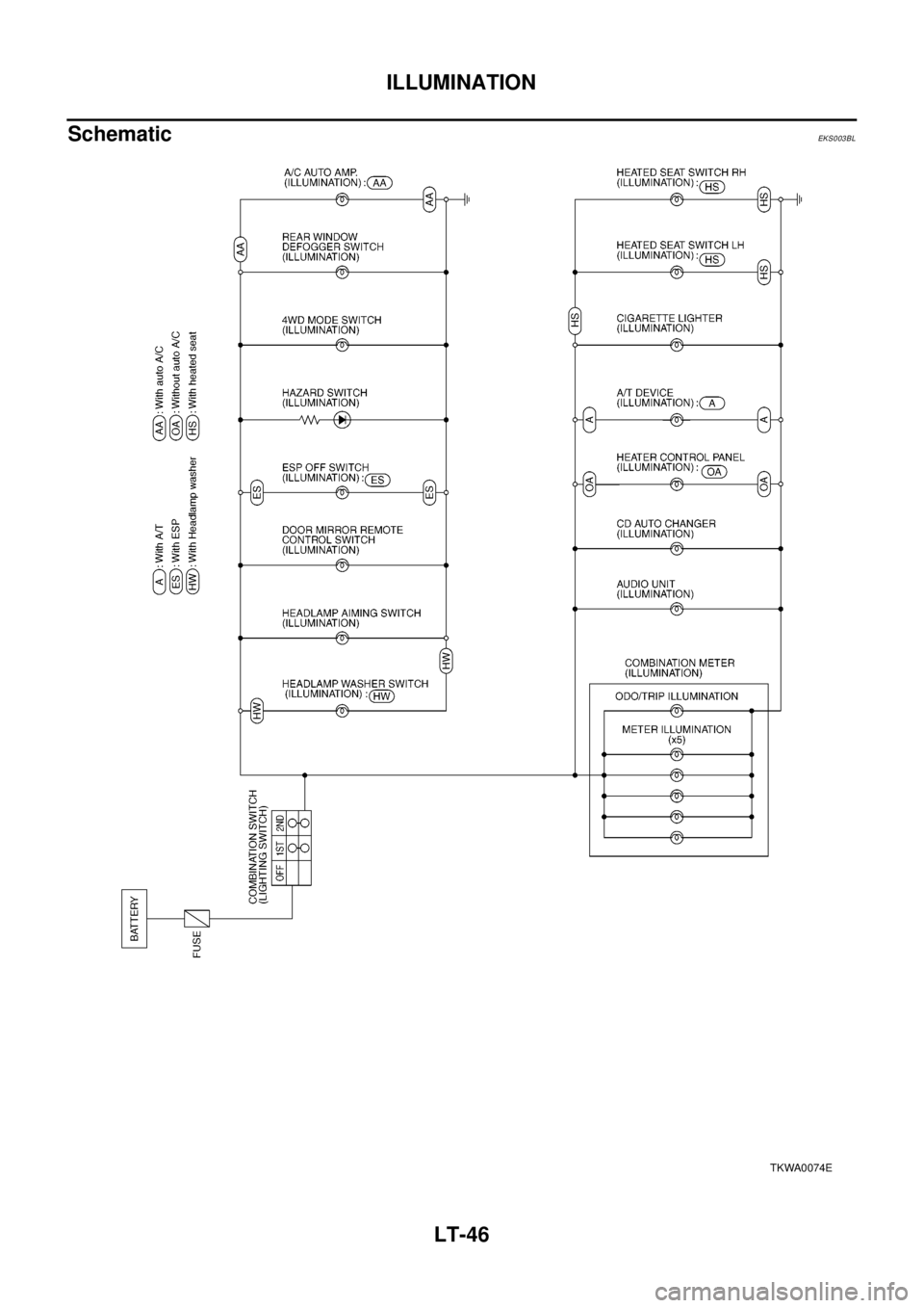 NISSAN X-TRAIL 2003  Electronic Repair Manual LT-46
ILLUMINATION
Schematic
EKS003BL
TKWA0074E 