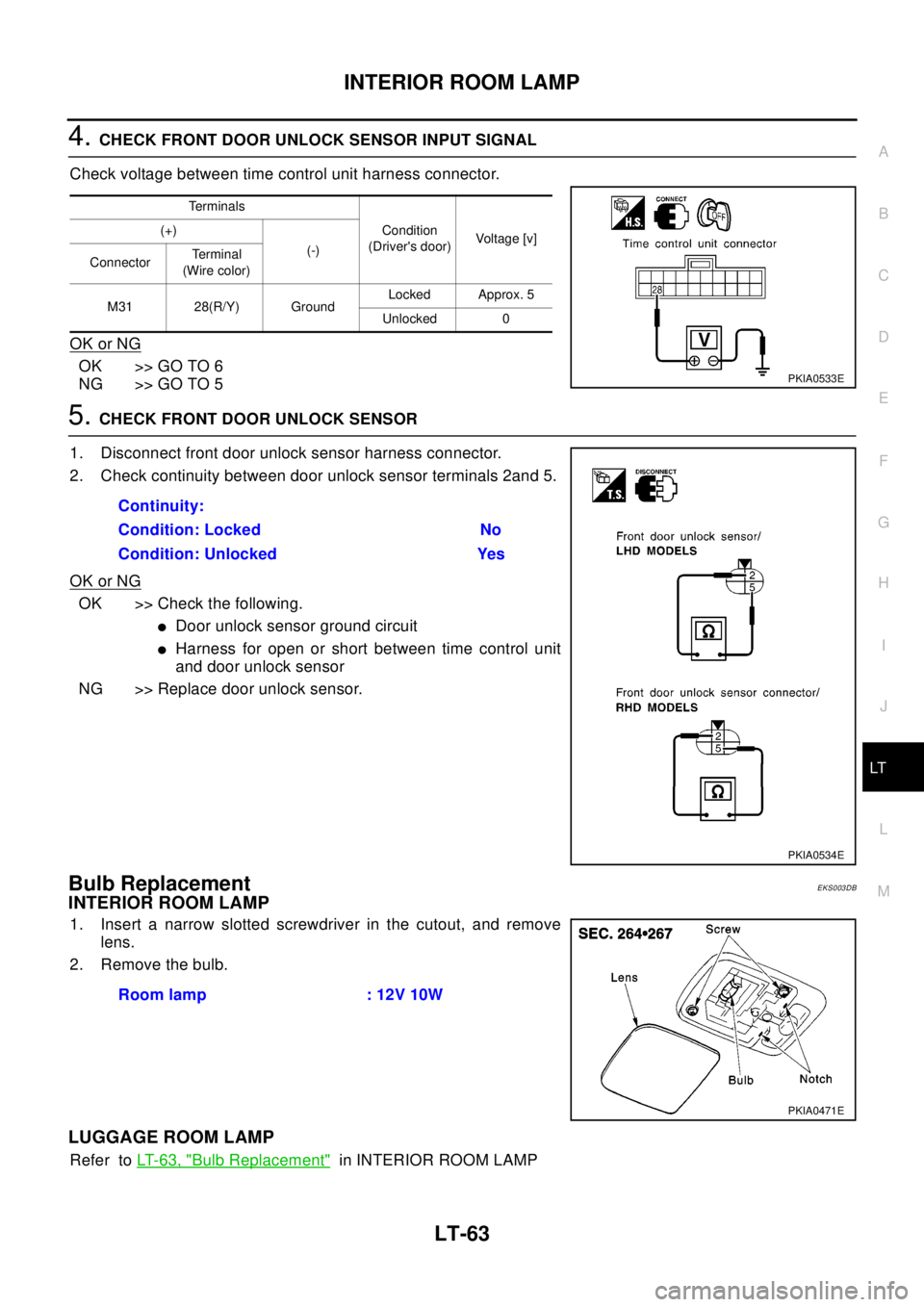 NISSAN X-TRAIL 2003 Electronic Repair Manual INTERIOR ROOM LAMP
LT-63
C
D
E
F
G
H
I
J
L
MA
B
LT
4.CHECK FRONT DOOR UNLOCK SENSOR INPUT SIGNAL
Check voltage between time control unit harness connector.
OK or NG
OK >> GO TO 6
NG >> GO TO 5
5.CHECK NISSAN X-TRAIL 2003 Electronic Repair Manual INTERIOR ROOM LAMP
LT-63
C
D
E
F
G
H
I
J
L
MA
B
LT
4.CHECK FRONT DOOR UNLOCK SENSOR INPUT SIGNAL
Check voltage between time control unit harness connector.
OK or NG
OK >> GO TO 6
NG >> GO TO 5
5.CHECK