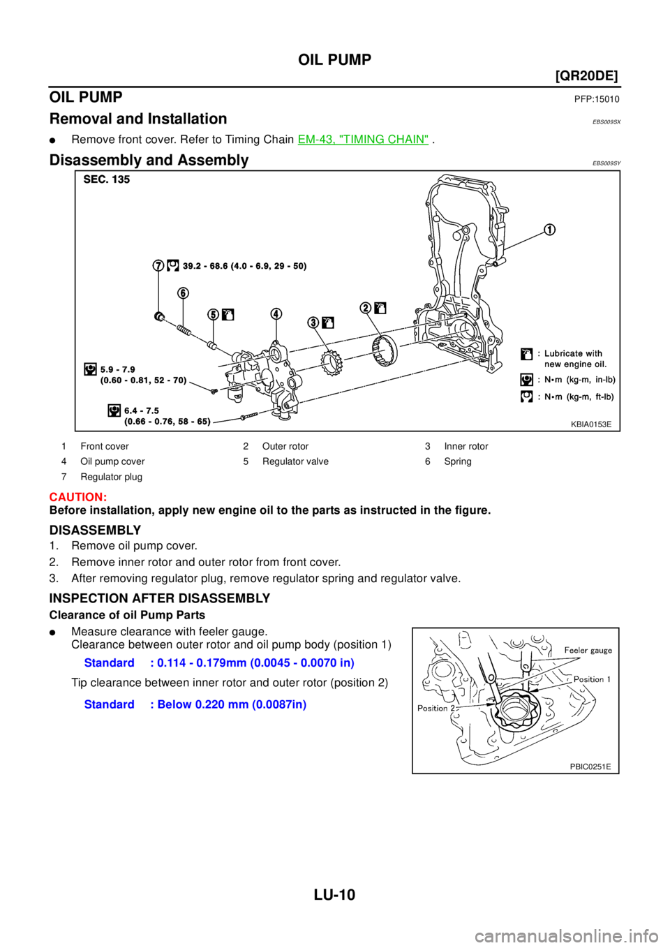 NISSAN X-TRAIL 2003  Electronic Repair Manual LU-10
[QR20DE]
OIL PUMP
OIL PUMP
PFP:15010
Removal and InstallationEBS009SX
lRemove front cover. Refer to Timing ChainEM-43, "TIMING CHAIN".
Disassembly and AssemblyEBS009SY
CAUTION:
Before installati