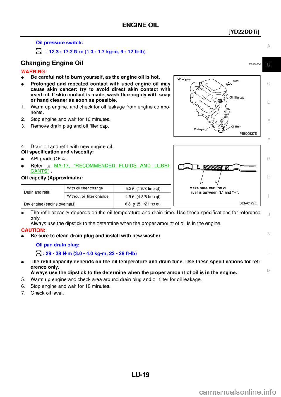 NISSAN X-TRAIL 2003  Electronic Repair Manual ENGINE OIL
LU-19
[YD22DDTi]
C
D
E
F
G
H
I
J
K
L
MA
LUChanging Engine OilEBS00B04
WA RN ING:
lBe careful not to burn yourself, as the engine oil is hot.
lProlonged and repeated contact with used engine