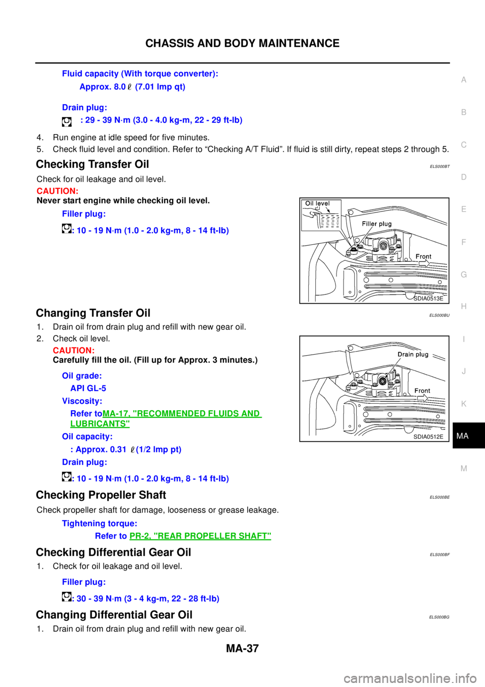 NISSAN X-TRAIL 2003 Electronic Repair Manual CHASSIS AND BODY MAINTENANCE
MA-37
C
D
E
F
G
H
I
J
K
MA
B
MA
4. Run engine at idle speed for five minutes.
5. Check fluid level and condition. Refer to “Checking A/T Fluid”. If fluid is still dirt NISSAN X-TRAIL 2003 Electronic Repair Manual CHASSIS AND BODY MAINTENANCE
MA-37
C
D
E
F
G
H
I
J
K
MA
B
MA
4. Run engine at idle speed for five minutes.
5. Check fluid level and condition. Refer to “Checking A/T Fluid”. If fluid is still dirt