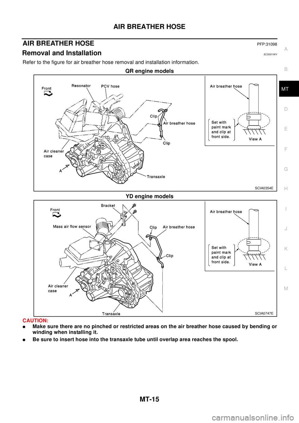 NISSAN X-TRAIL 2003  Electronic Repair Manual AIR BREATHER HOSE
MT-15
D
E
F
G
H
I
J
K
L
MA
B
MT
AIR BREATHER HOSEPFP:31098
Removal and InstallationECS0 01 W V
Refer to the figure for air breather hose removal and installation information.
QR engi