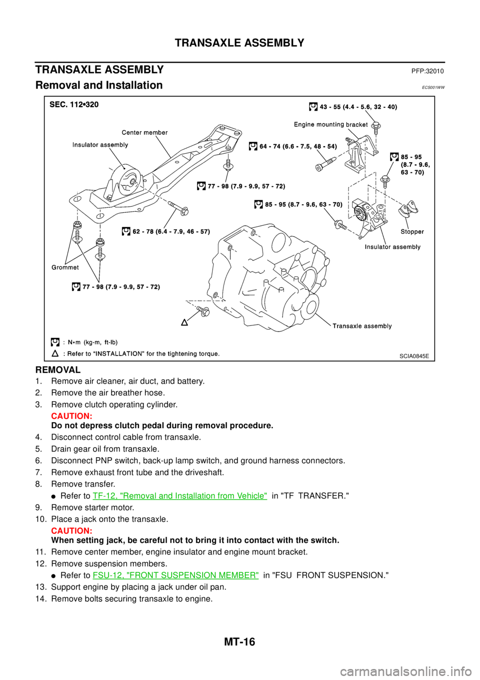 NISSAN X-TRAIL 2003 Electronic Repair Manual MT-16
TRANSAXLE ASSEMBLY
TRANSAXLE ASSEMBLY
PFP:32010
Removal and InstallationECS001WW
REMOVAL
1. Remove air cleaner, air duct, and battery.
2. Remove the air breather hose.
3. Remove clutch operating NISSAN X-TRAIL 2003 Electronic Repair Manual MT-16
TRANSAXLE ASSEMBLY
TRANSAXLE ASSEMBLY
PFP:32010
Removal and InstallationECS001WW
REMOVAL
1. Remove air cleaner, air duct, and battery.
2. Remove the air breather hose.
3. Remove clutch operating