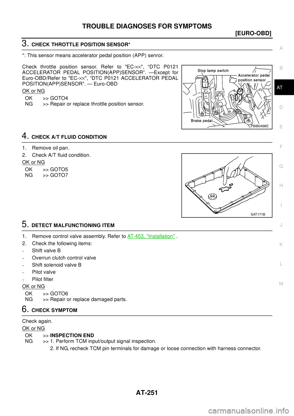NISSAN X-TRAIL 2003  Electronic Repair Manual TROUBLE DIAGNOSES FOR SYMPTOMS
AT-251
[EURO-OBD]
D
E
F
G
H
I
J
K
L
MA
B
AT
3.CHECK THROTTLE POSITION SENSOR*
*: This sensor means accelerator pedal position (APP) senror.
Check throttle position senso