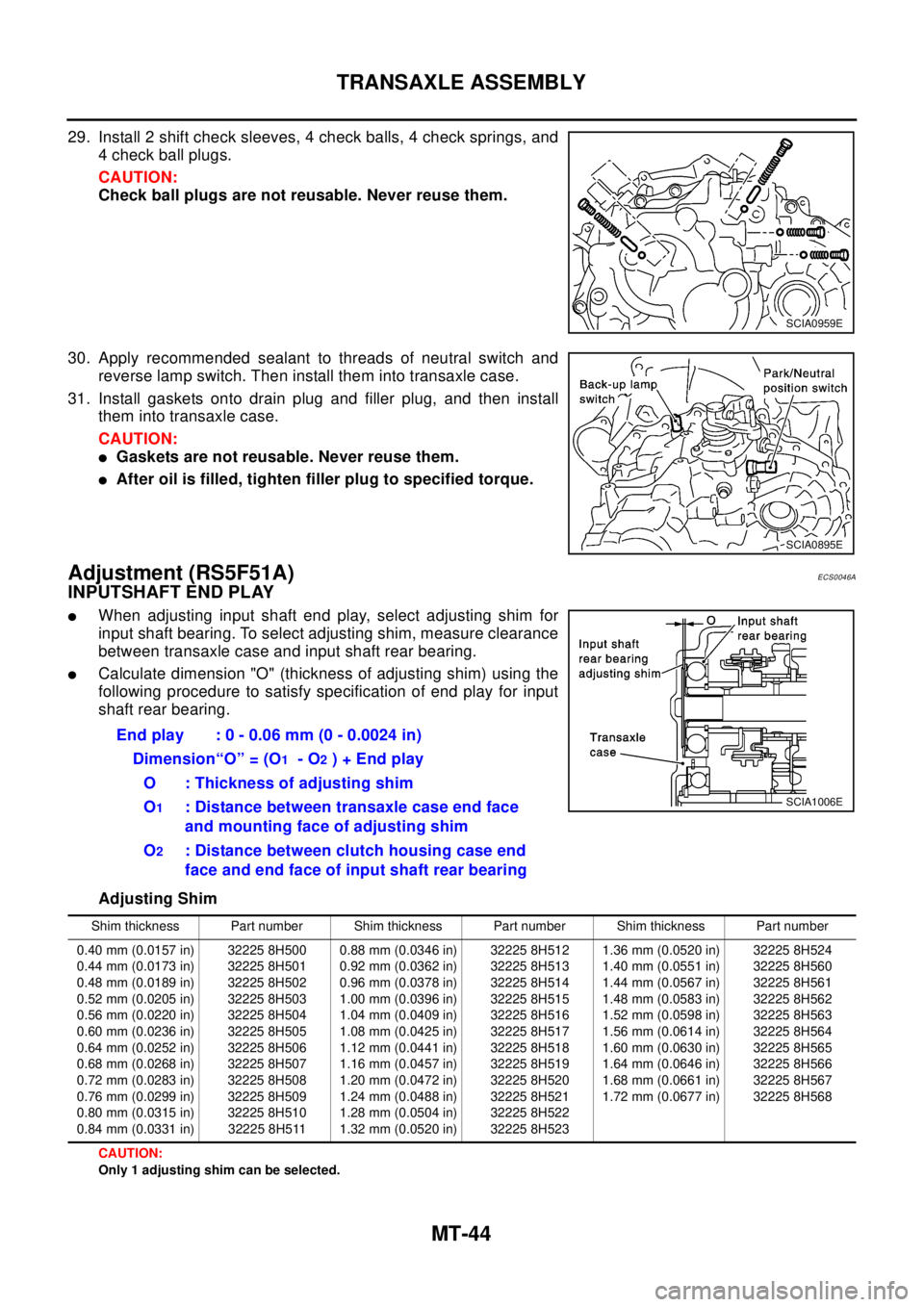 NISSAN X-TRAIL 2003 Electronic Repair Manual MT-44
TRANSAXLE ASSEMBLY
29. Install 2 shift check sleeves, 4 check balls, 4 check springs, and
4 check ball plugs.
CAUTION:
Check ball plugs are not reusable. Never reuse them.
30. Apply recommended NISSAN X-TRAIL 2003 Electronic Repair Manual MT-44
TRANSAXLE ASSEMBLY
29. Install 2 shift check sleeves, 4 check balls, 4 check springs, and
4 check ball plugs.
CAUTION:
Check ball plugs are not reusable. Never reuse them.
30. Apply recommended