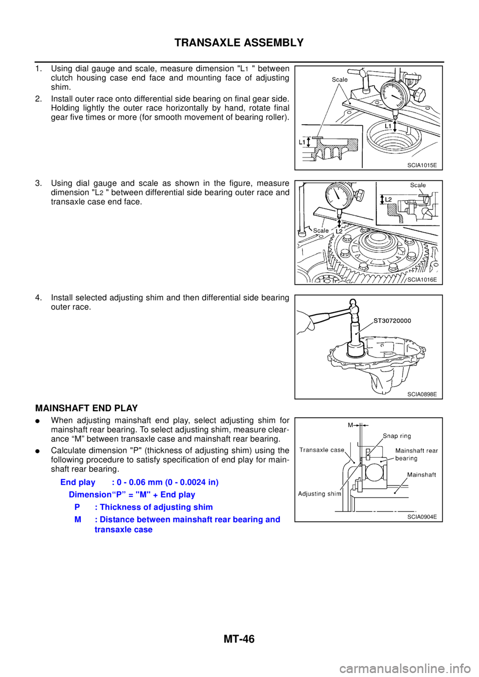 NISSAN X-TRAIL 2003 Electronic Repair Manual MT-46
TRANSAXLE ASSEMBLY
1. Using dial gauge and scale, measure dimension "L1" between
clutch housing case end face and mounting face of adjusting
shim.
2. Install outer race onto differential side be NISSAN X-TRAIL 2003 Electronic Repair Manual MT-46
TRANSAXLE ASSEMBLY
1. Using dial gauge and scale, measure dimension "L1" between
clutch housing case end face and mounting face of adjusting
shim.
2. Install outer race onto differential side be