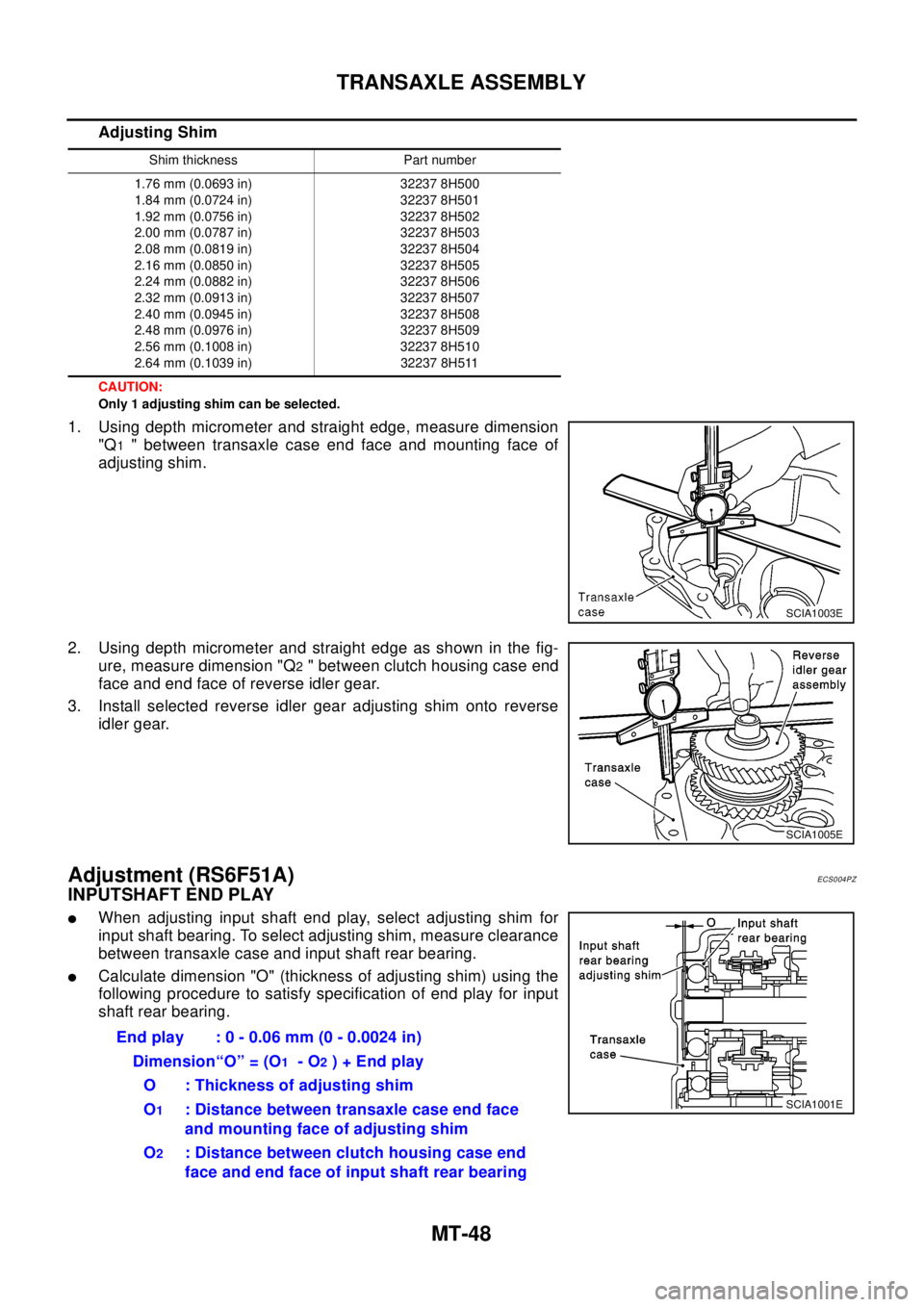 NISSAN X-TRAIL 2003 Electronic Repair Manual MT-48
TRANSAXLE ASSEMBLY
Adjusting Shim
CAUTION:
Only 1 adjusting shim can be selected.
1. Using depth micrometer and straight edge, measure dimension
"Q
1" between transaxle case end face and mountin NISSAN X-TRAIL 2003 Electronic Repair Manual MT-48
TRANSAXLE ASSEMBLY
Adjusting Shim
CAUTION:
Only 1 adjusting shim can be selected.
1. Using depth micrometer and straight edge, measure dimension
"Q
1" between transaxle case end face and mountin