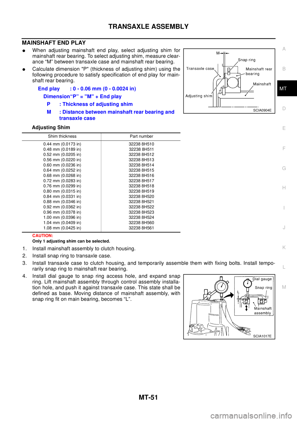 NISSAN X-TRAIL 2003 Electronic Repair Manual TRANSAXLE ASSEMBLY
MT-51
D
E
F
G
H
I
J
K
L
MA
B
MT
MAINSHAFT END PLAY
lWhen adjusting mainshaft end play, select adjusting shim for
mainshaft rear bearing. To select adjusting shim, measure clear-
anc NISSAN X-TRAIL 2003 Electronic Repair Manual TRANSAXLE ASSEMBLY
MT-51
D
E
F
G
H
I
J
K
L
MA
B
MT
MAINSHAFT END PLAY
lWhen adjusting mainshaft end play, select adjusting shim for
mainshaft rear bearing. To select adjusting shim, measure clear-
anc