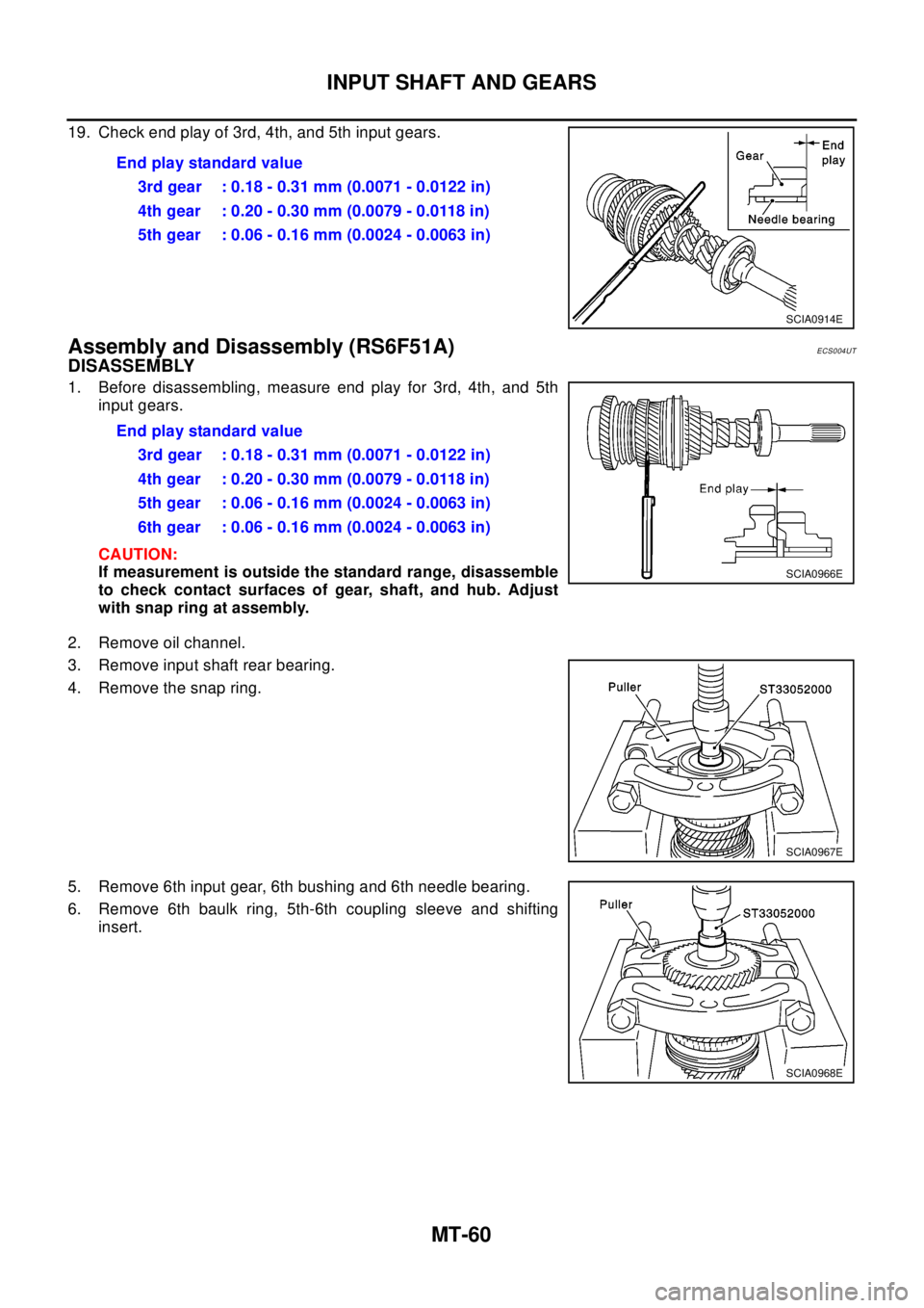 NISSAN X-TRAIL 2003 Electronic Repair Manual MT-60
INPUT SHAFT AND GEARS
19. Check end play of 3rd, 4th, and 5th input gears.
Assembly and Disassembly (RS6F51A)ECS004UT
DISASSEMBLY
1. Before disassembling, measure end play for 3rd, 4th, and 5th
NISSAN X-TRAIL 2003 Electronic Repair Manual MT-60
INPUT SHAFT AND GEARS
19. Check end play of 3rd, 4th, and 5th input gears.
Assembly and Disassembly (RS6F51A)ECS004UT
DISASSEMBLY
1. Before disassembling, measure end play for 3rd, 4th, and 5th