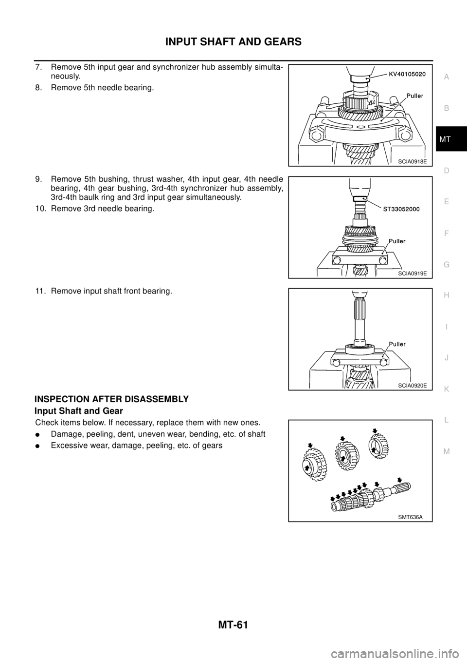 NISSAN X-TRAIL 2003  Electronic Repair Manual INPUT SHAFT AND GEARS
MT-61
D
E
F
G
H
I
J
K
L
MA
B
MT
7. Remove 5th input gear and synchronizer hub assembly simulta-
neously.
8. Remove 5th needle bearing.
9. Remove 5th bushing, thrust washer, 4th i