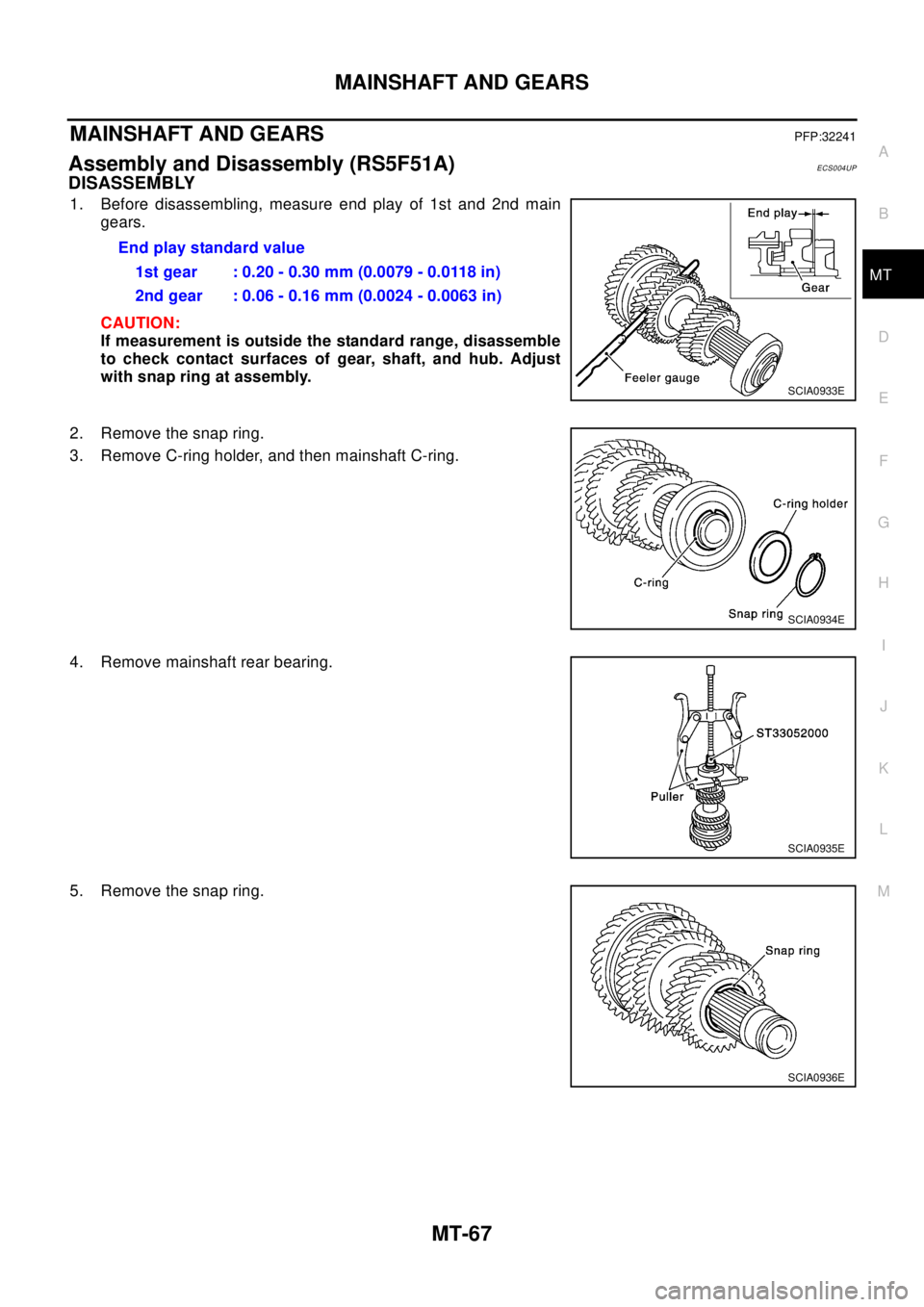 NISSAN X-TRAIL 2003 Electronic Repair Manual MAINSHAFT AND GEARS
MT-67
D
E
F
G
H
I
J
K
L
MA
B
MT
MAINSHAFT AND GEARSPFP:32241
Assembly and Disassembly (RS5F51A)ECS004UP
DISASSEMBLY
1. Before disassembling, measure end play of 1st and 2nd main
ge NISSAN X-TRAIL 2003 Electronic Repair Manual MAINSHAFT AND GEARS
MT-67
D
E
F
G
H
I
J
K
L
MA
B
MT
MAINSHAFT AND GEARSPFP:32241
Assembly and Disassembly (RS5F51A)ECS004UP
DISASSEMBLY
1. Before disassembling, measure end play of 1st and 2nd main
ge