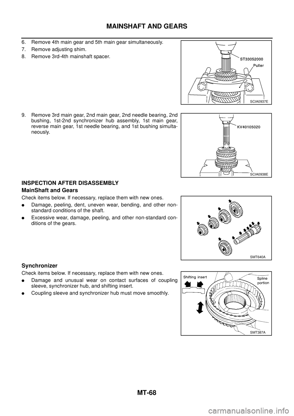 NISSAN X-TRAIL 2003 Electronic Repair Manual MT-68
MAINSHAFT AND GEARS
6. Remove 4th main gear and 5th main gear simultaneously.
7. Remove adjusting shim.
8. Remove 3rd-4th mainshaft spacer.
9. Remove 3rd main gear, 2nd main gear, 2nd needle bea NISSAN X-TRAIL 2003 Electronic Repair Manual MT-68
MAINSHAFT AND GEARS
6. Remove 4th main gear and 5th main gear simultaneously.
7. Remove adjusting shim.
8. Remove 3rd-4th mainshaft spacer.
9. Remove 3rd main gear, 2nd main gear, 2nd needle bea