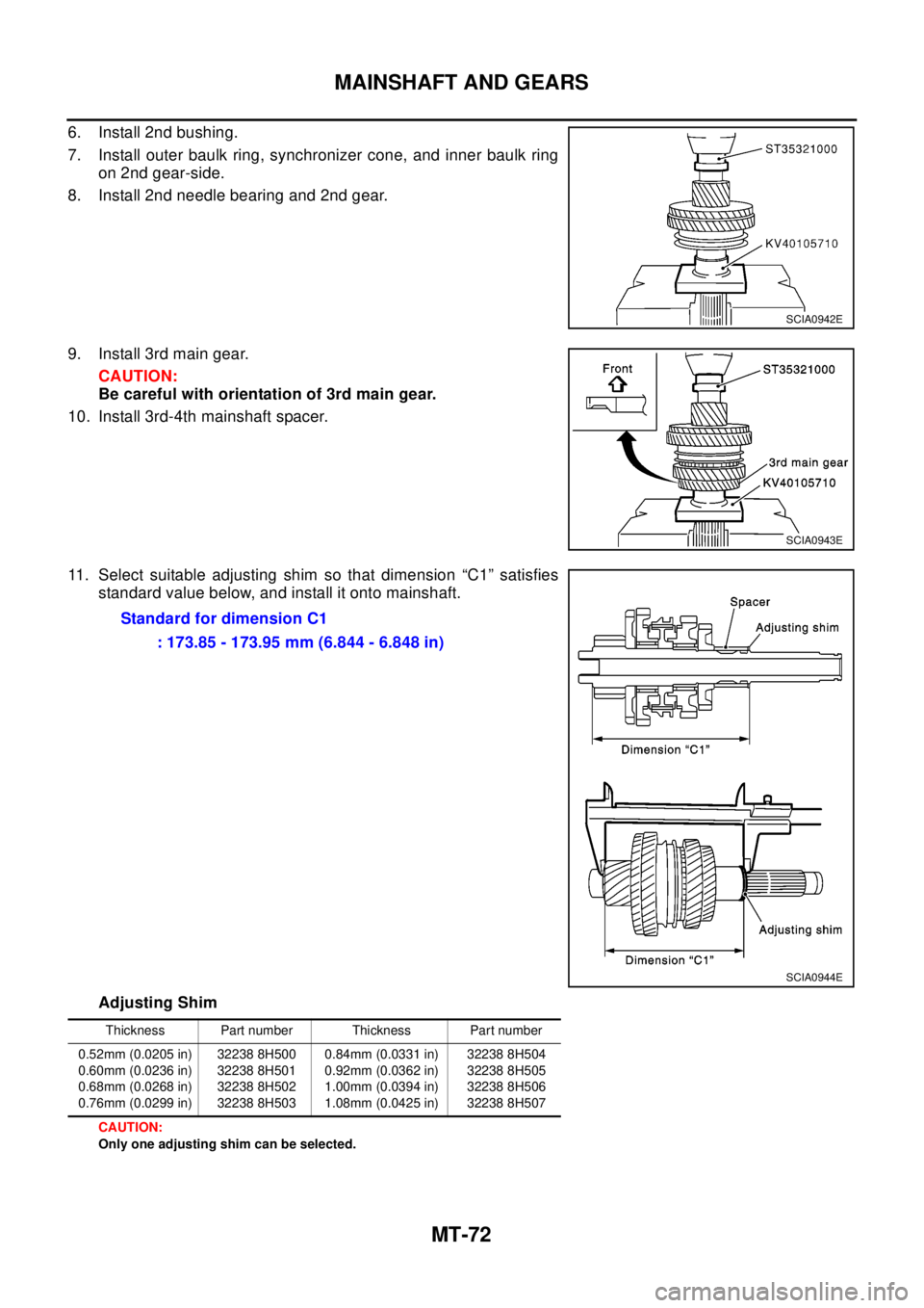 NISSAN X-TRAIL 2003 Electronic Repair Manual MT-72
MAINSHAFT AND GEARS
6. Install 2nd bushing.
7. Install outer baulk ring, synchronizer cone, and inner baulk ring
on 2nd gear-side.
8. Install 2nd needle bearing and 2nd gear.
9. Install 3rd main NISSAN X-TRAIL 2003 Electronic Repair Manual MT-72
MAINSHAFT AND GEARS
6. Install 2nd bushing.
7. Install outer baulk ring, synchronizer cone, and inner baulk ring
on 2nd gear-side.
8. Install 2nd needle bearing and 2nd gear.
9. Install 3rd main