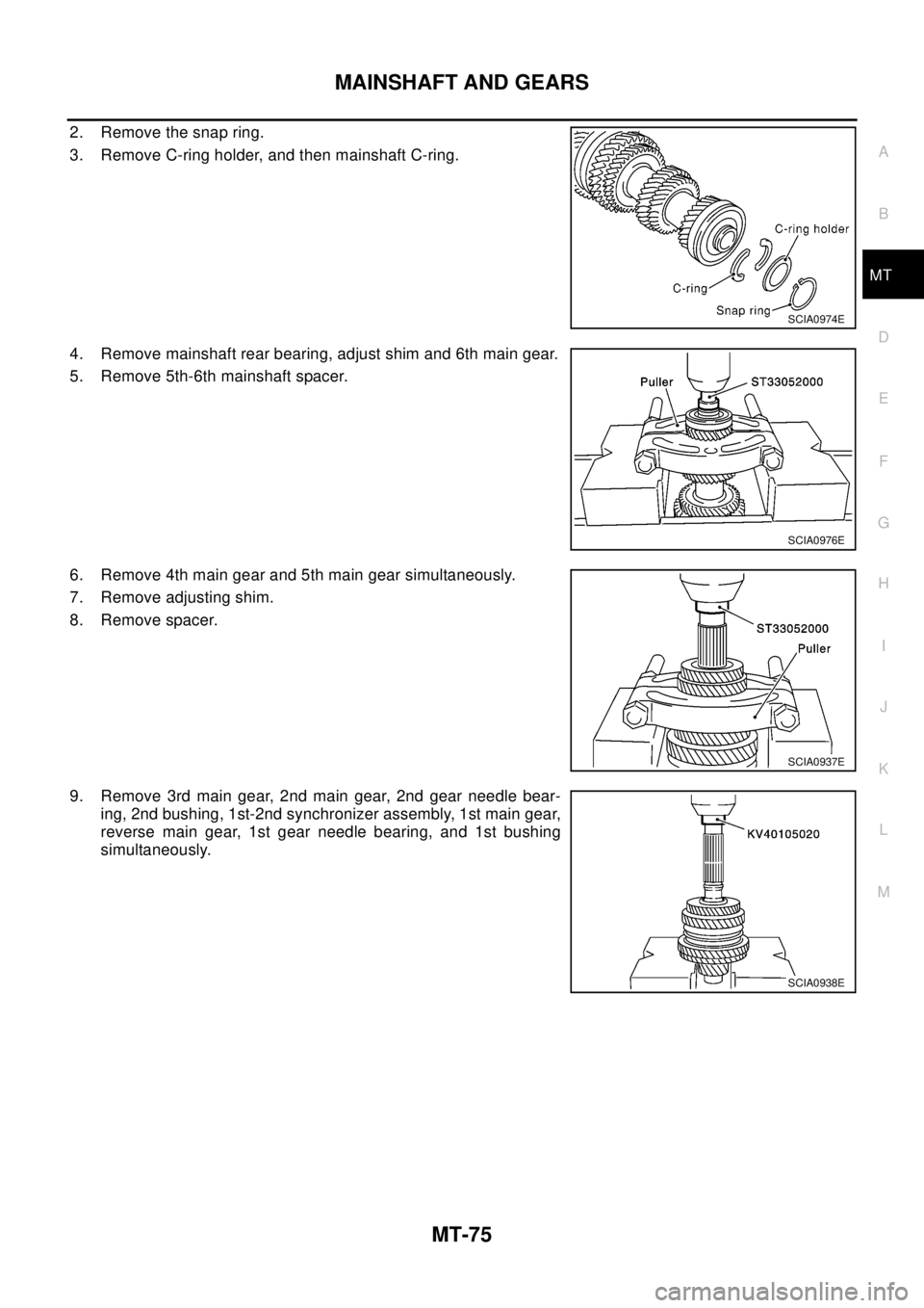 NISSAN X-TRAIL 2003 Electronic Repair Manual MAINSHAFT AND GEARS
MT-75
D
E
F
G
H
I
J
K
L
MA
B
MT
2. Removethesnapring.
3. Remove C-ring holder, and then mainshaft C-ring.
4. Remove mainshaft rear bearing, adjust shim and 6th main gear.
5. Remove NISSAN X-TRAIL 2003 Electronic Repair Manual MAINSHAFT AND GEARS
MT-75
D
E
F
G
H
I
J
K
L
MA
B
MT
2. Removethesnapring.
3. Remove C-ring holder, and then mainshaft C-ring.
4. Remove mainshaft rear bearing, adjust shim and 6th main gear.
5. Remove