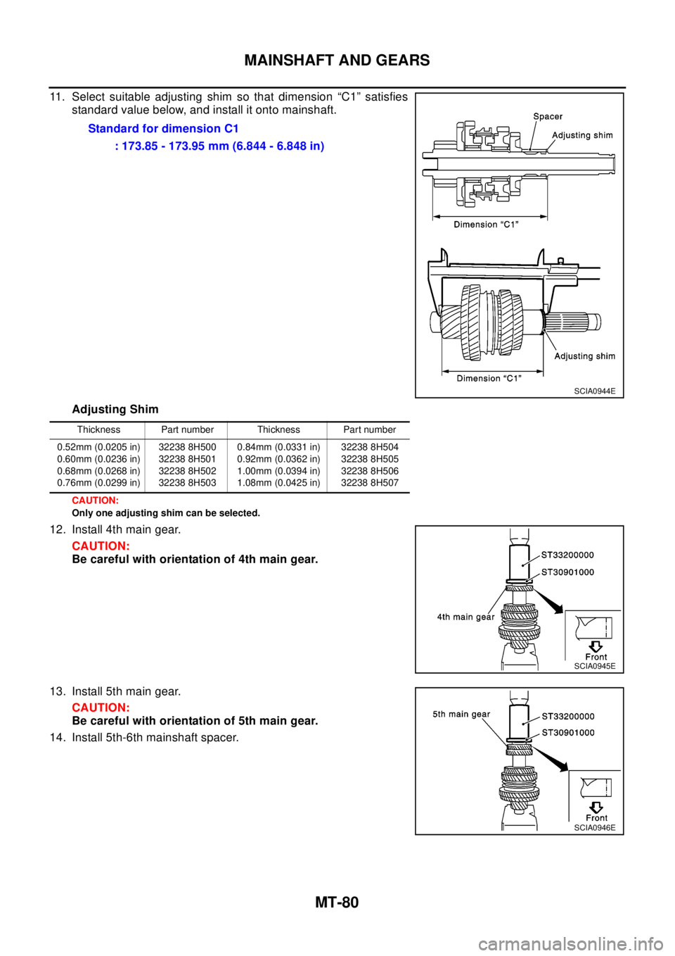 NISSAN X-TRAIL 2003 Electronic Repair Manual MT-80
MAINSHAFT AND GEARS
11. Select suitable adjusting shim so that dimension “C1” satisfies
standard value below, and install it onto mainshaft.
Adjusting Shim
CAUTION:
Only one adjusting shim c NISSAN X-TRAIL 2003 Electronic Repair Manual MT-80
MAINSHAFT AND GEARS
11. Select suitable adjusting shim so that dimension “C1” satisfies
standard value below, and install it onto mainshaft.
Adjusting Shim
CAUTION:
Only one adjusting shim c