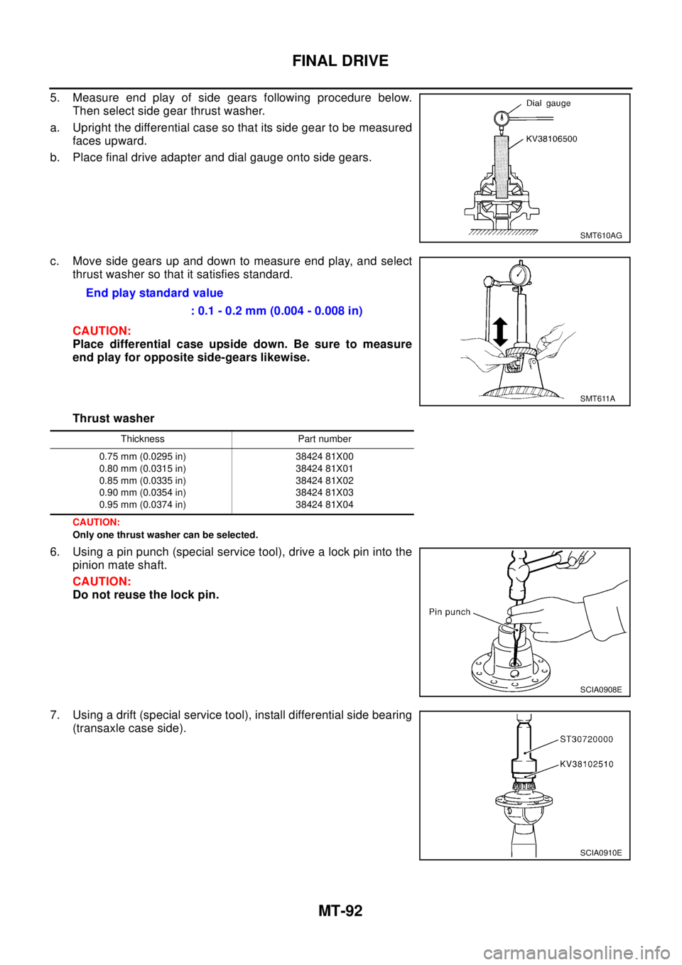 NISSAN X-TRAIL 2003 Electronic Repair Manual MT-92
FINAL DRIVE
5. Measure end play of side gears following procedure below.
Then select side gear thrust washer.
a. Upright the differential case so that its side gear to be measured
faces upward.
NISSAN X-TRAIL 2003 Electronic Repair Manual MT-92
FINAL DRIVE
5. Measure end play of side gears following procedure below.
Then select side gear thrust washer.
a. Upright the differential case so that its side gear to be measured
faces upward.