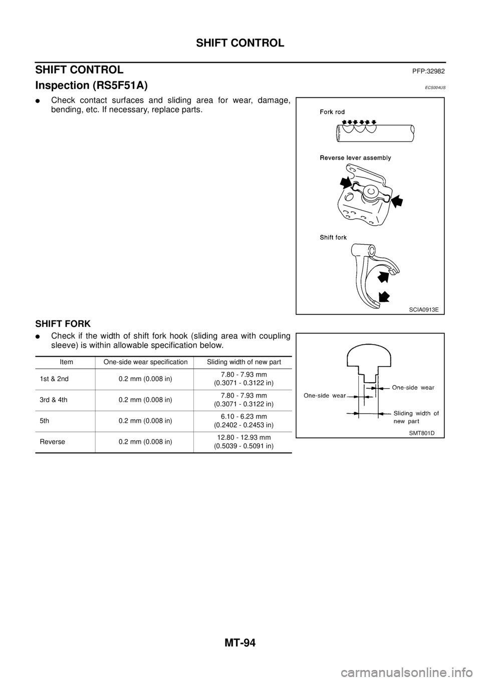 NISSAN X-TRAIL 2003 Electronic Repair Manual MT-94
SHIFT CONTROL
SHIFT CONTROL
PFP:32982
Inspection (RS5F51A)ECS004US
lCheck contact surfaces and sliding area for wear, damage,
bending, etc. If necessary, replace parts.
SHIFT FORK
lCheck if the NISSAN X-TRAIL 2003 Electronic Repair Manual MT-94
SHIFT CONTROL
SHIFT CONTROL
PFP:32982
Inspection (RS5F51A)ECS004US
lCheck contact surfaces and sliding area for wear, damage,
bending, etc. If necessary, replace parts.
SHIFT FORK
lCheck if the