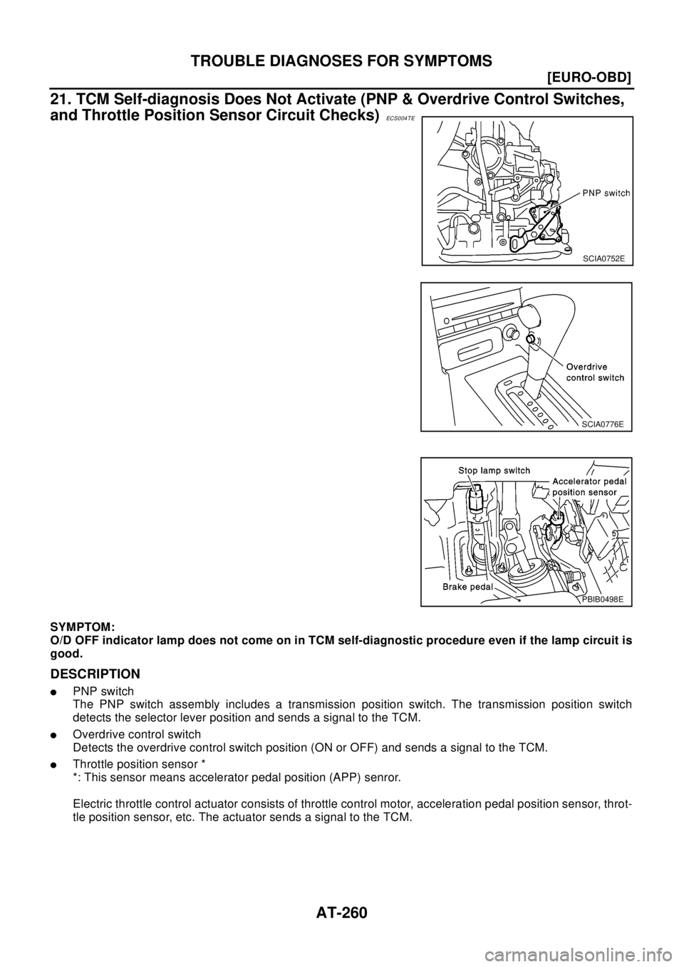 NISSAN X-TRAIL 2003  Electronic Repair Manual AT-260
[EURO-OBD]
TROUBLE DIAGNOSES FOR SYMPTOMS
21. TCM Self-diagnosis Does Not Activate (PNP & Overdrive Control Switches,
and Throttle Position Sensor Circuit Checks)
ECS0 04 T E
SYMPTOM:
O/D OFF i