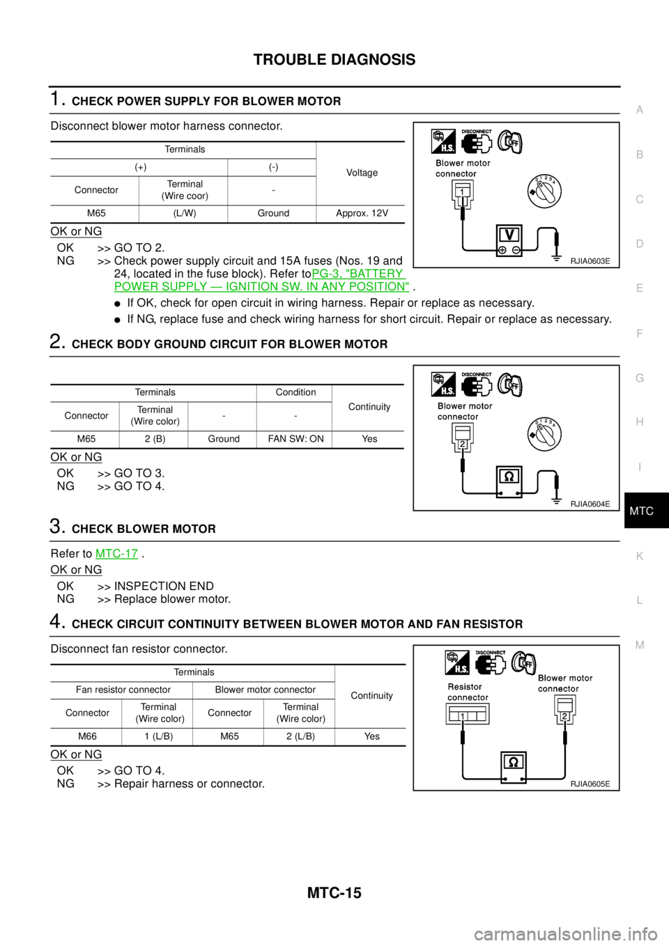 NISSAN X-TRAIL 2003 Electronic Repair Manual TROUBLE DIAGNOSIS
MTC-15
C
D
E
F
G
H
I
K
L
MA
B
MTC
1.CHECK POWER SUPPLY FOR BLOWER MOTOR
Disconnect blower motor harness connector.
OK or NG
OK >> GO TO 2.
NG >> Check power supply circuit and 15A fu NISSAN X-TRAIL 2003 Electronic Repair Manual TROUBLE DIAGNOSIS
MTC-15
C
D
E
F
G
H
I
K
L
MA
B
MTC
1.CHECK POWER SUPPLY FOR BLOWER MOTOR
Disconnect blower motor harness connector.
OK or NG
OK >> GO TO 2.
NG >> Check power supply circuit and 15A fu