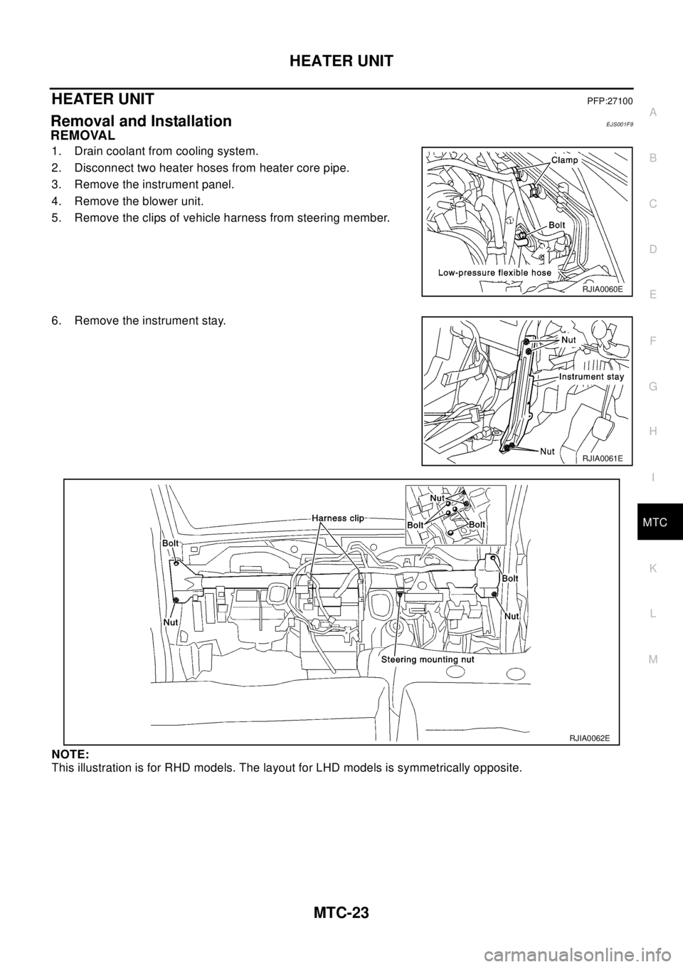 NISSAN X-TRAIL 2003  Electronic Repair Manual HEATER UNIT
MTC-23
C
D
E
F
G
H
I
K
L
MA
B
MTC
HEATER UNITPFP:27100
Removal and InstallationEJS001F9
REMOVAL
1. Drain coolant from cooling system.
2. Disconnect two heater hoses from heater core pipe.
