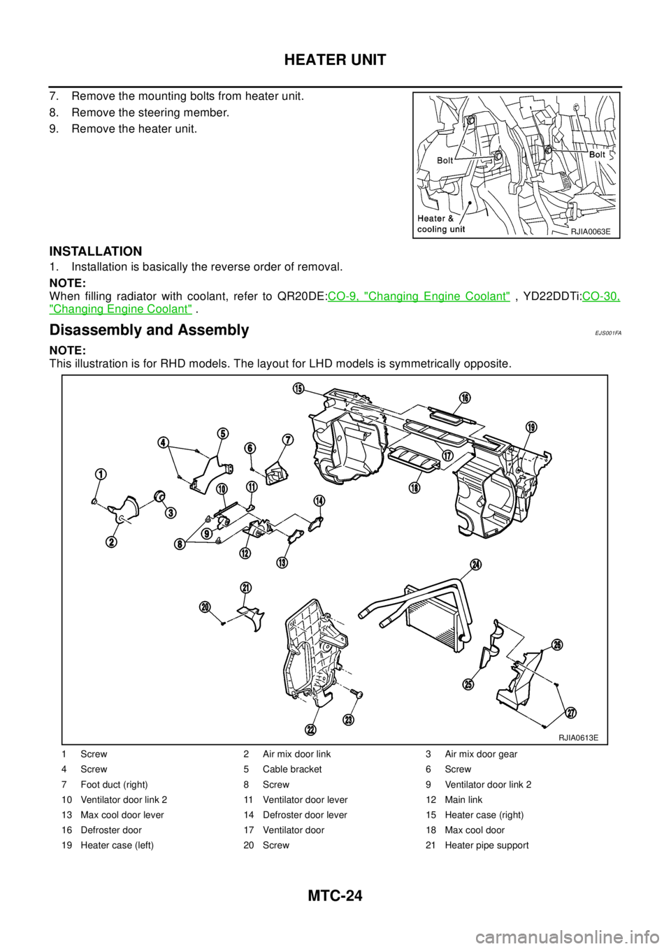 NISSAN X-TRAIL 2003  Electronic Repair Manual MTC-24
HEATER UNIT
7. Remove the mounting bolts from heater unit.
8. Remove the steering member.
9. Remove the heater unit.
INSTALLATION
1. Installation is basically the reverse order of removal.
NOTE