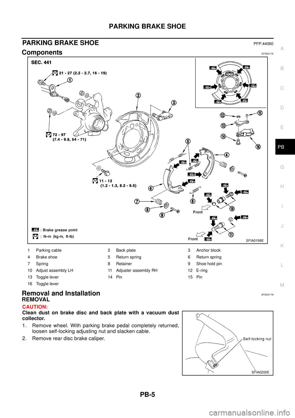 NISSAN X-TRAIL 2003 Electronic Repair Manual PARKING BRAKE SHOE
PB-5
C
D
E
G
H
I
J
K
L
MA
B
PB
PARKING BRAKE SHOEPFP:44060
ComponentsEFS0017K
Removal and InstallationEFS0017N
REMOVAL
CAUTION:
Clean dust on brake disc and back plate with a vacuum NISSAN X-TRAIL 2003 Electronic Repair Manual PARKING BRAKE SHOE
PB-5
C
D
E
G
H
I
J
K
L
MA
B
PB
PARKING BRAKE SHOEPFP:44060
ComponentsEFS0017K
Removal and InstallationEFS0017N
REMOVAL
CAUTION:
Clean dust on brake disc and back plate with a vacuum