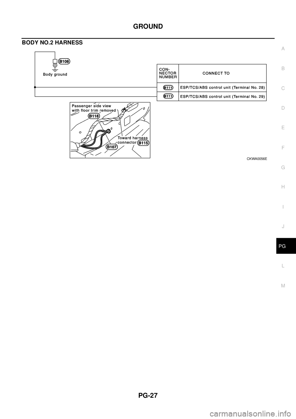 NISSAN X-TRAIL 2003 Electronic Repair Manual GROUND
PG-27
C
D
E
F
G
H
I
J
L
MA
B
PG
BODY NO.2 HARNESS
CKWA0056E NISSAN X-TRAIL 2003 Electronic Repair Manual GROUND
PG-27
C
D
E
F
G
H
I
J
L
MA
B
PG
BODY NO.2 HARNESS
CKWA0056E