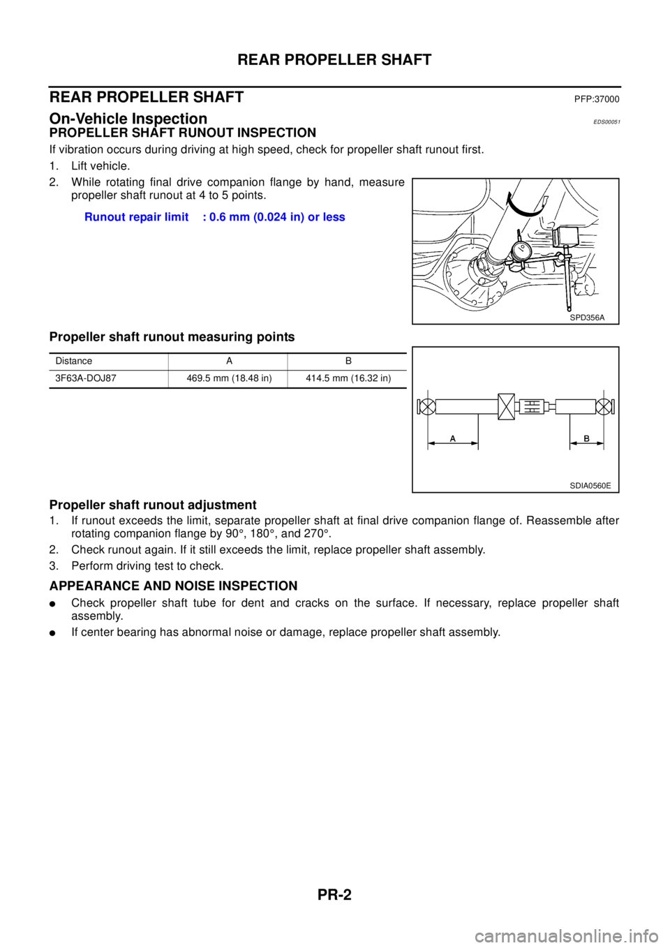 NISSAN X-TRAIL 2003 Electronic Repair Manual PR-2
REAR PROPELLER SHAFT
REAR PROPELLER SHAFT
PFP:37000
On-Vehicle InspectionEDS00051
PROPELLER SHAFT RUNOUT INSPECTION
If vibration occurs during driving at high speed, check for propeller shaft run NISSAN X-TRAIL 2003 Electronic Repair Manual PR-2
REAR PROPELLER SHAFT
REAR PROPELLER SHAFT
PFP:37000
On-Vehicle InspectionEDS00051
PROPELLER SHAFT RUNOUT INSPECTION
If vibration occurs during driving at high speed, check for propeller shaft run
