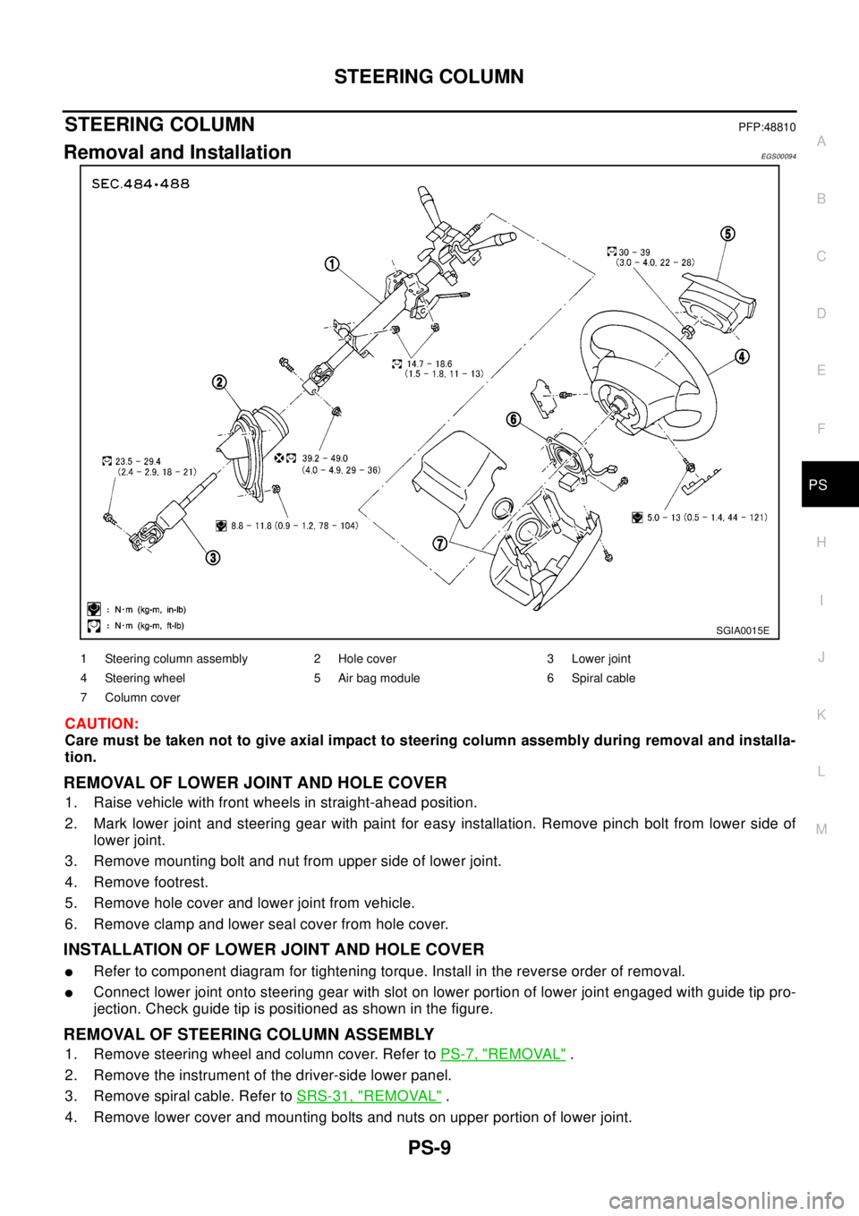 NISSAN X-TRAIL 2003  Electronic Repair Manual STEERING COLUMN
PS-9
C
D
E
F
H
I
J
K
L
MA
B
PS
STEERING COLUMNPFP:48810
Removal and InstallationEGS00094
CAUTION:
Care must be taken not to give axial impact to steering column assembly during removal
