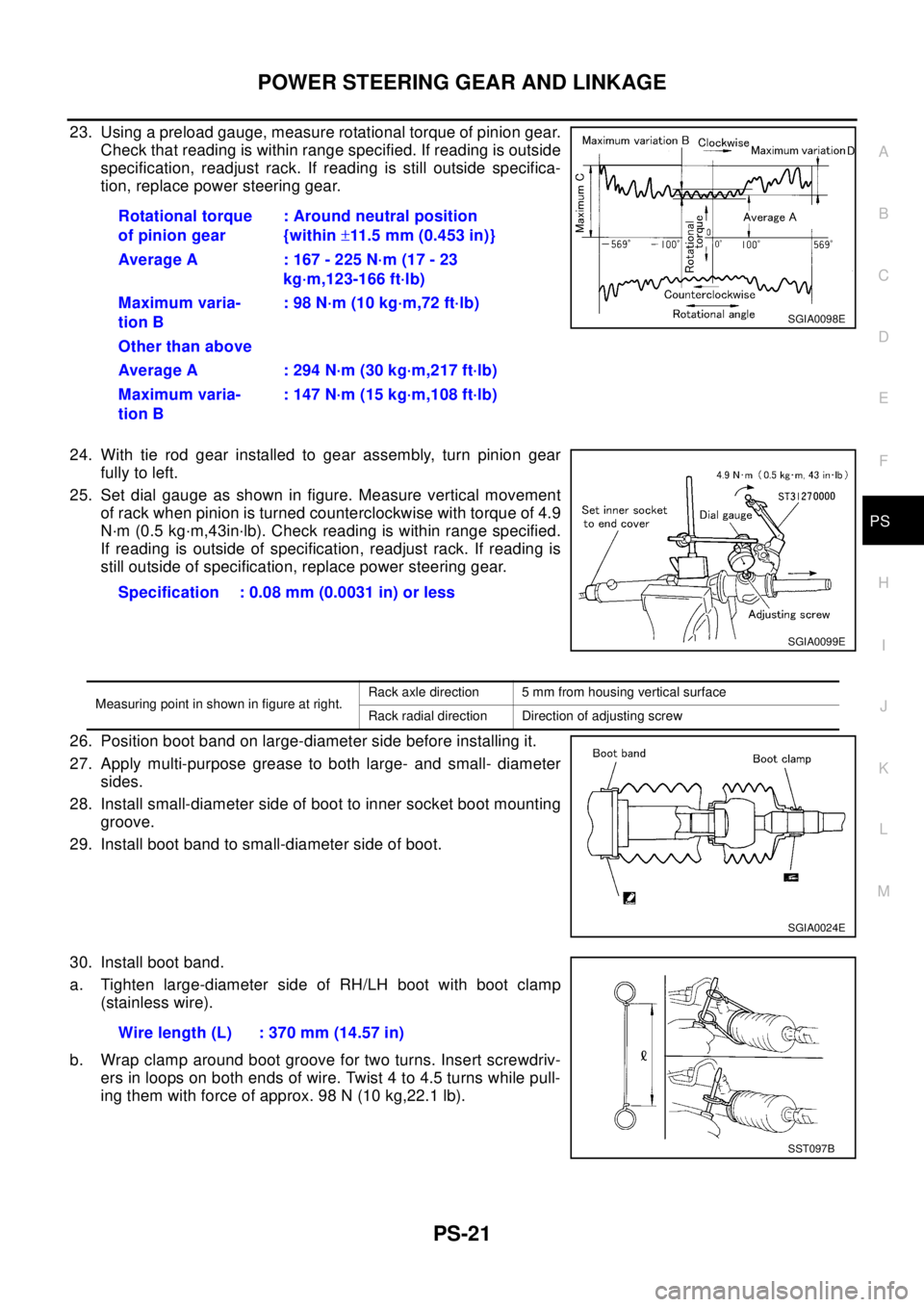 NISSAN X-TRAIL 2003 Electronic Repair Manual POWER STEERING GEAR AND LINKAGE
PS-21
C
D
E
F
H
I
J
K
L
MA
B
PS
23. Using a preload gauge, measure rotational torque of pinion gear.
Check that reading is within range specified. If reading is outside NISSAN X-TRAIL 2003 Electronic Repair Manual POWER STEERING GEAR AND LINKAGE
PS-21
C
D
E
F
H
I
J
K
L
MA
B
PS
23. Using a preload gauge, measure rotational torque of pinion gear.
Check that reading is within range specified. If reading is outside