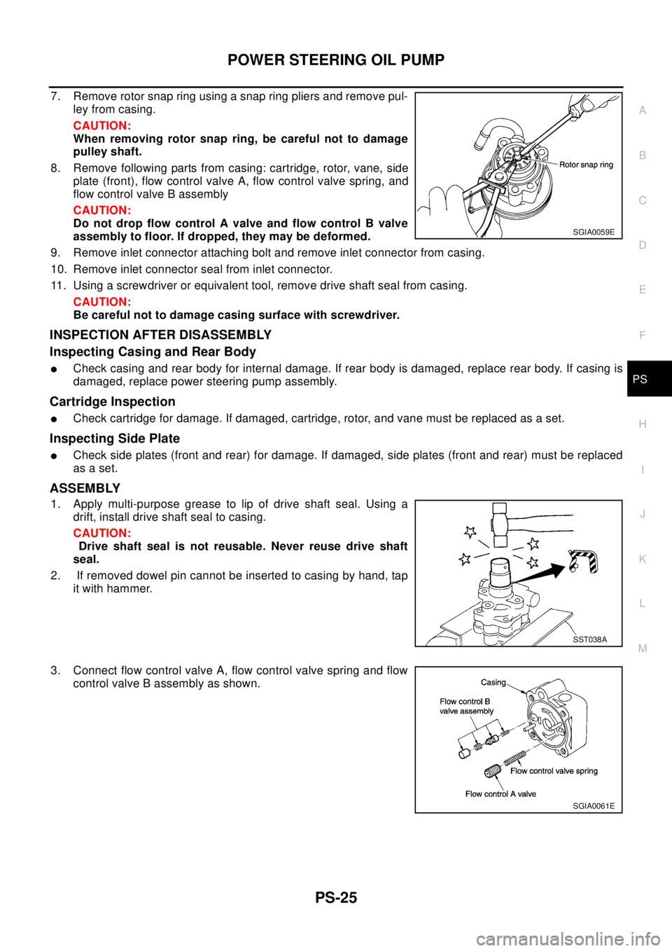 NISSAN X-TRAIL 2003 Electronic Repair Manual POWER STEERING OIL PUMP
PS-25
C
D
E
F
H
I
J
K
L
MA
B
PS
7. Remove rotor snap ring using a snap ring pliers and remove pul-
ley from casing.
CAUTION:
When removing rotor snap ring, be careful not to da NISSAN X-TRAIL 2003 Electronic Repair Manual POWER STEERING OIL PUMP
PS-25
C
D
E
F
H
I
J
K
L
MA
B
PS
7. Remove rotor snap ring using a snap ring pliers and remove pul-
ley from casing.
CAUTION:
When removing rotor snap ring, be careful not to da