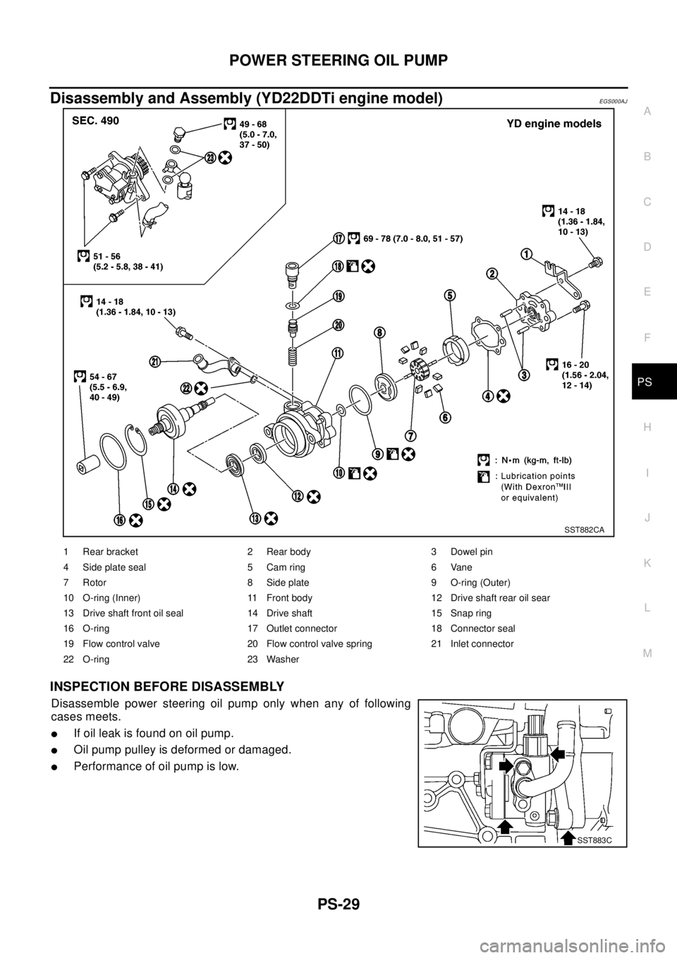 NISSAN X-TRAIL 2003 Electronic Repair Manual POWER STEERING OIL PUMP
PS-29
C
D
E
F
H
I
J
K
L
MA
B
PS
Disassembly and Assembly (YD22DDTi engine model)EGS000AJ
INSPECTION BEFORE DISASSEMBLY
Disassemble power steering oil pump only when any of foll NISSAN X-TRAIL 2003 Electronic Repair Manual POWER STEERING OIL PUMP
PS-29
C
D
E
F
H
I
J
K
L
MA
B
PS
Disassembly and Assembly (YD22DDTi engine model)EGS000AJ
INSPECTION BEFORE DISASSEMBLY
Disassemble power steering oil pump only when any of foll
